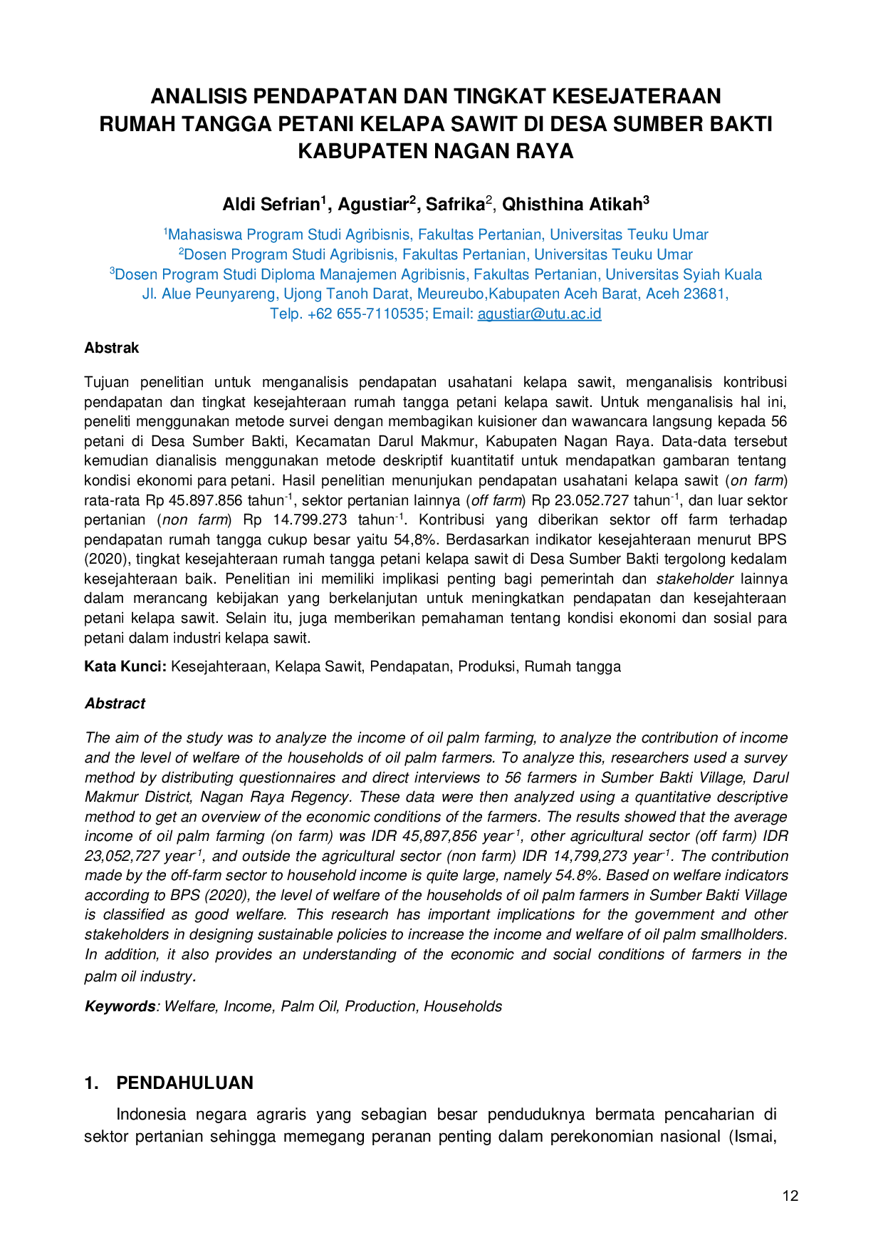 JURIS Analisis Pendapatan dan Tingkat Kesejahteraan Rumah Tangga Petani Kelapa Sawit di Desa Sumber Bakti Kabupaten Nagan Raya