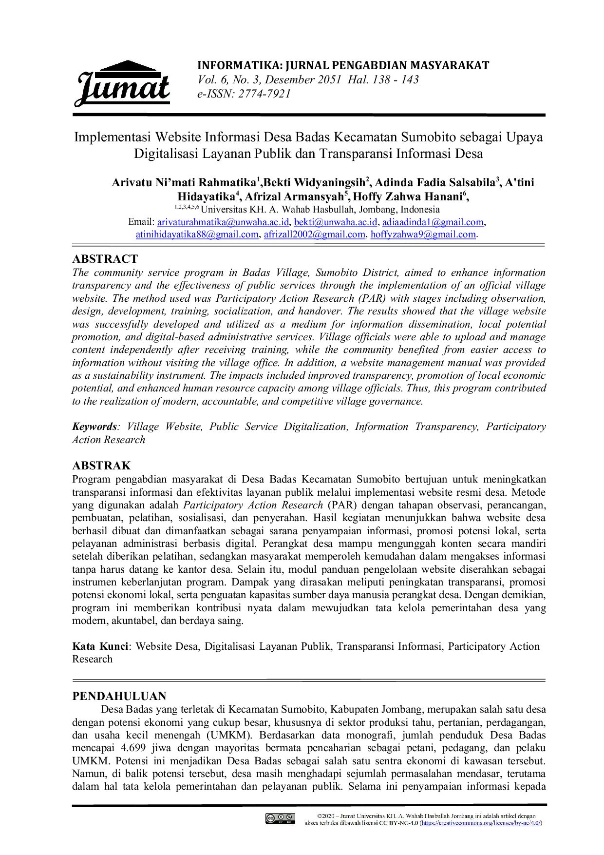 JURIS Implementasi Website Informasi Desa Badas Kecamatan Sumobito sebagai Upaya Digitalisasi Layanan Publik dan Transparansi Informasi Desa