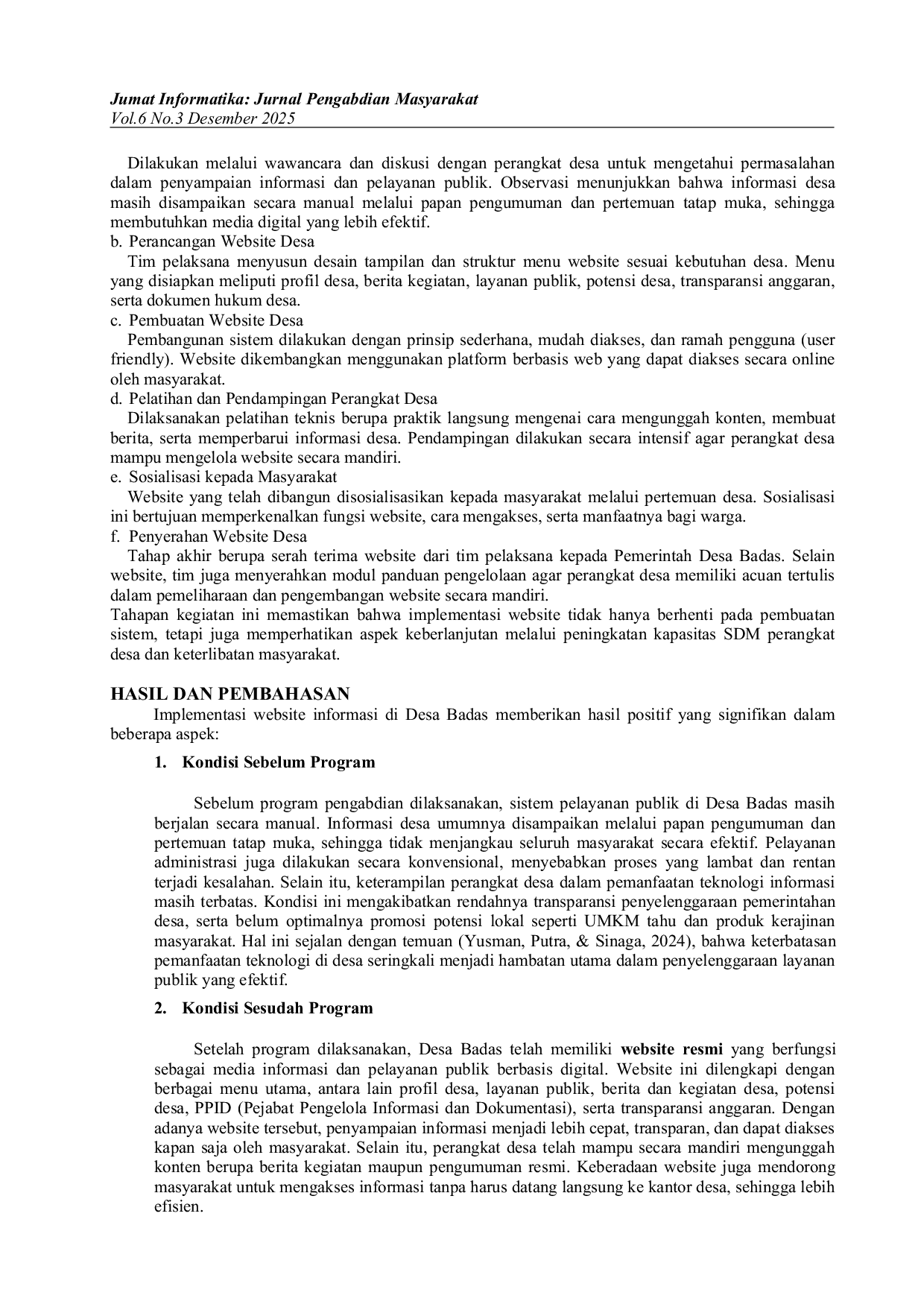 JURIS Implementasi Website Informasi Desa Badas Kecamatan Sumobito sebagai Upaya Digitalisasi Layanan Publik dan Transparansi Informasi Desa