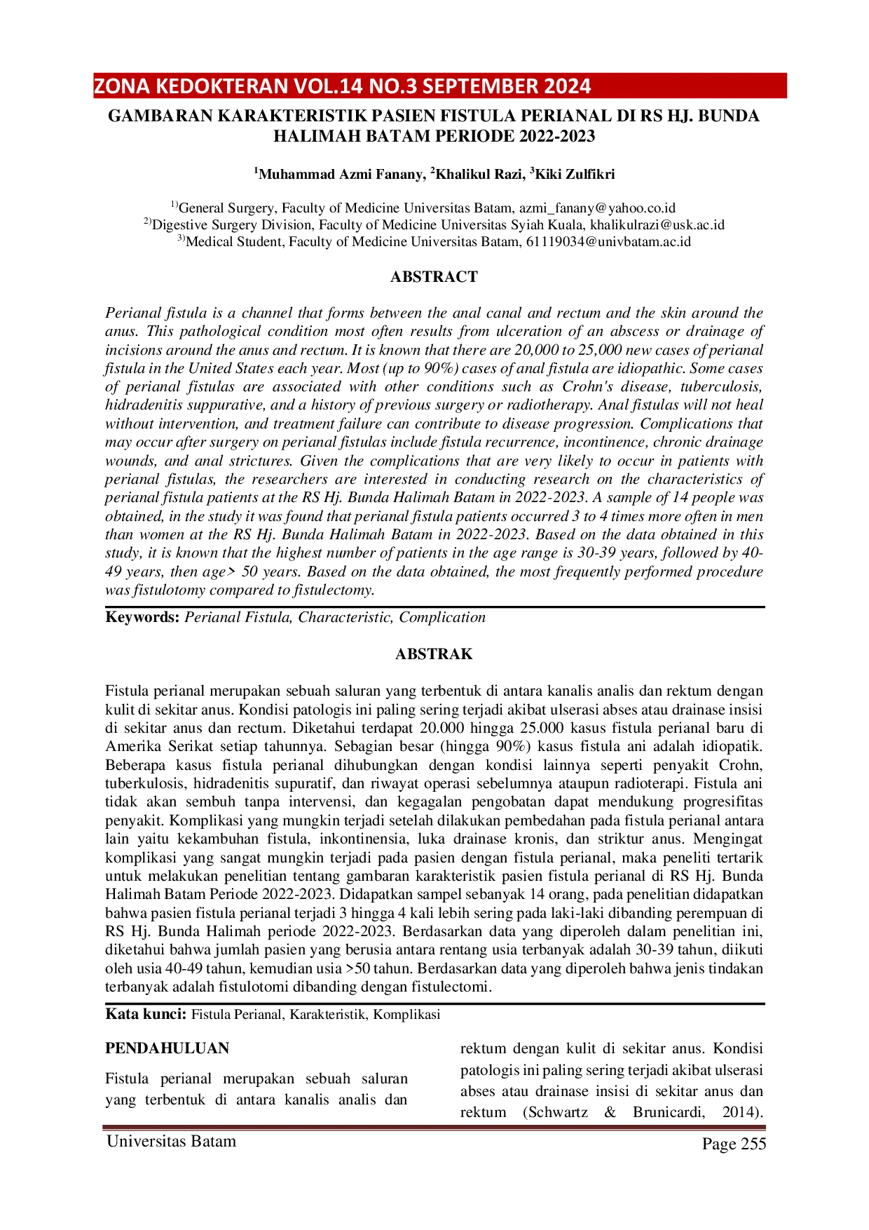 JURIS Gambaran Karakteristik Pasien Fistula Perianal Di Rs Hj Bunda Halimah Batam Periode 2022 2023