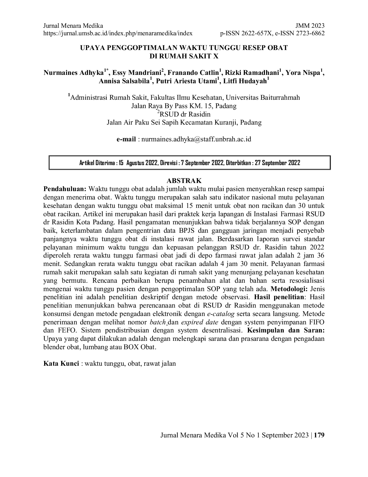 JURIS Upaya Pengoptimalan Waktu Tunggu Resep Obat Di Rumah Sakit X