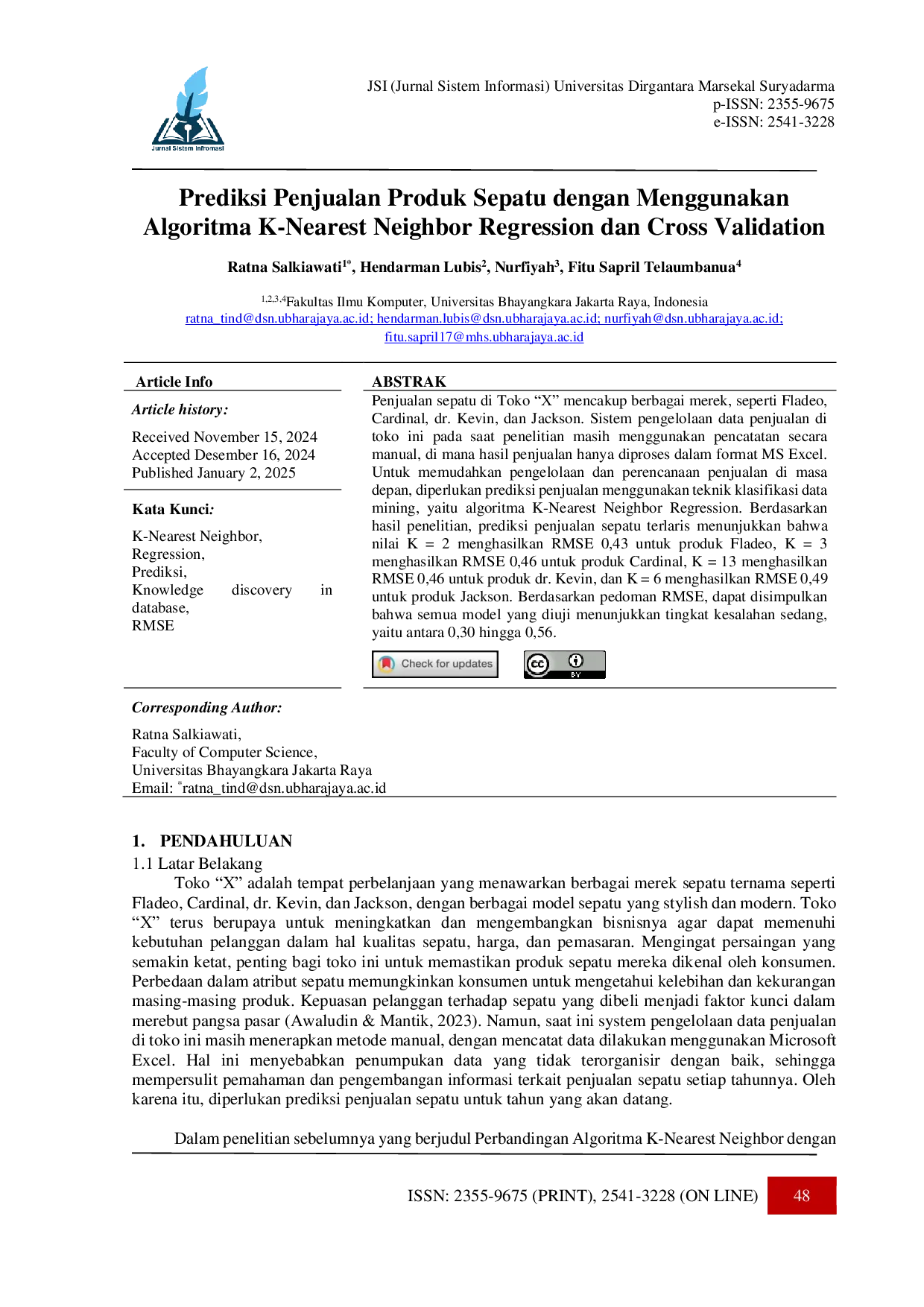 JURIS Prediksi Penjualan Produk Sepatu dengan Menggunakan Algoritma K Nearest Neighbor Regression dan Cross Validation