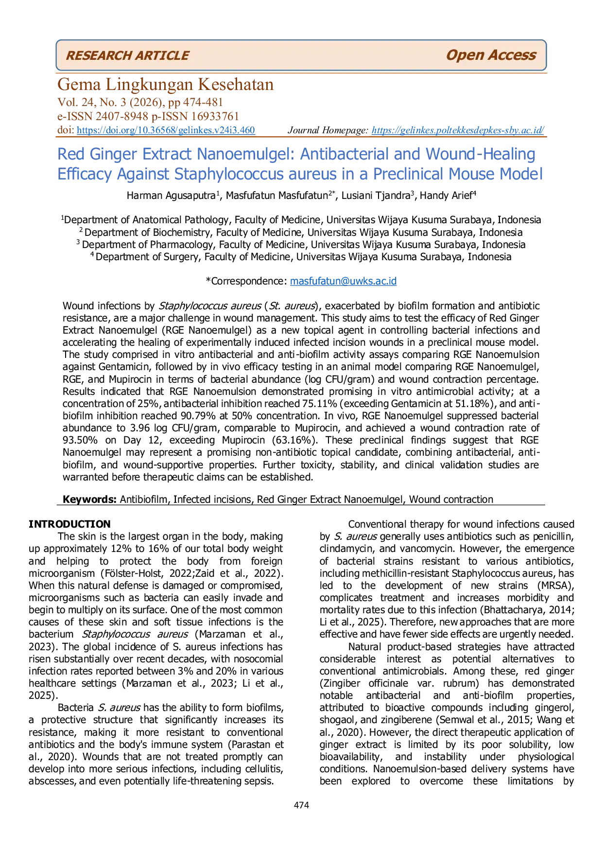 JURIS Red Ginger Extract Nanoemulgel Antibacterial and Wound Healing Efficacy Against Staphylococcus aureus in a Preclinical Mouse Model