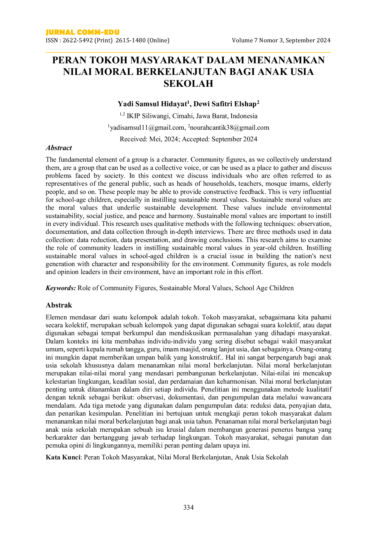 JURIS Peran Tokoh Masyarakat dalam Menanamkan Nilai Moral Berkelanjutan Bagi Anak Usia Sekolah