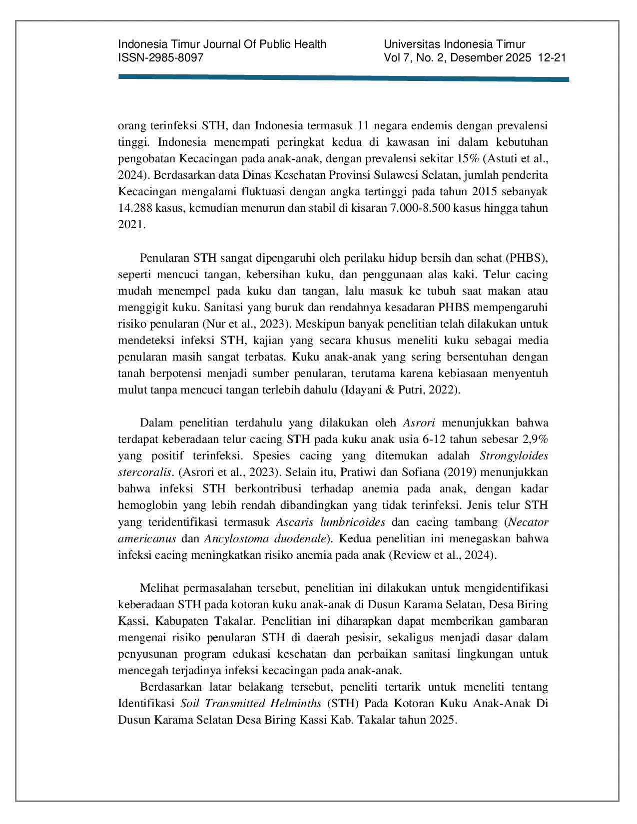 JURIS Identifikasi Soil Transmitted Helminths STH Pada Kotoran Kuku Anak Anak Di Dusun Karama Selatan Desa Biring Kassi Kab Takalar