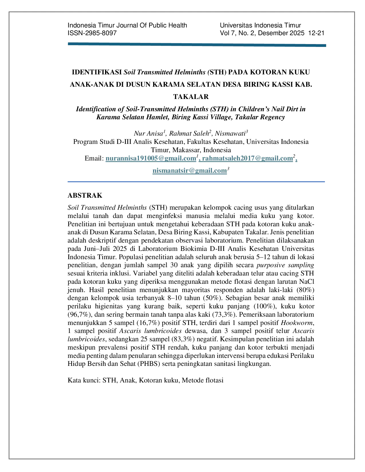 JURIS Identifikasi Soil Transmitted Helminths STH Pada Kotoran Kuku Anak Anak Di Dusun Karama Selatan Desa Biring Kassi Kab Takalar