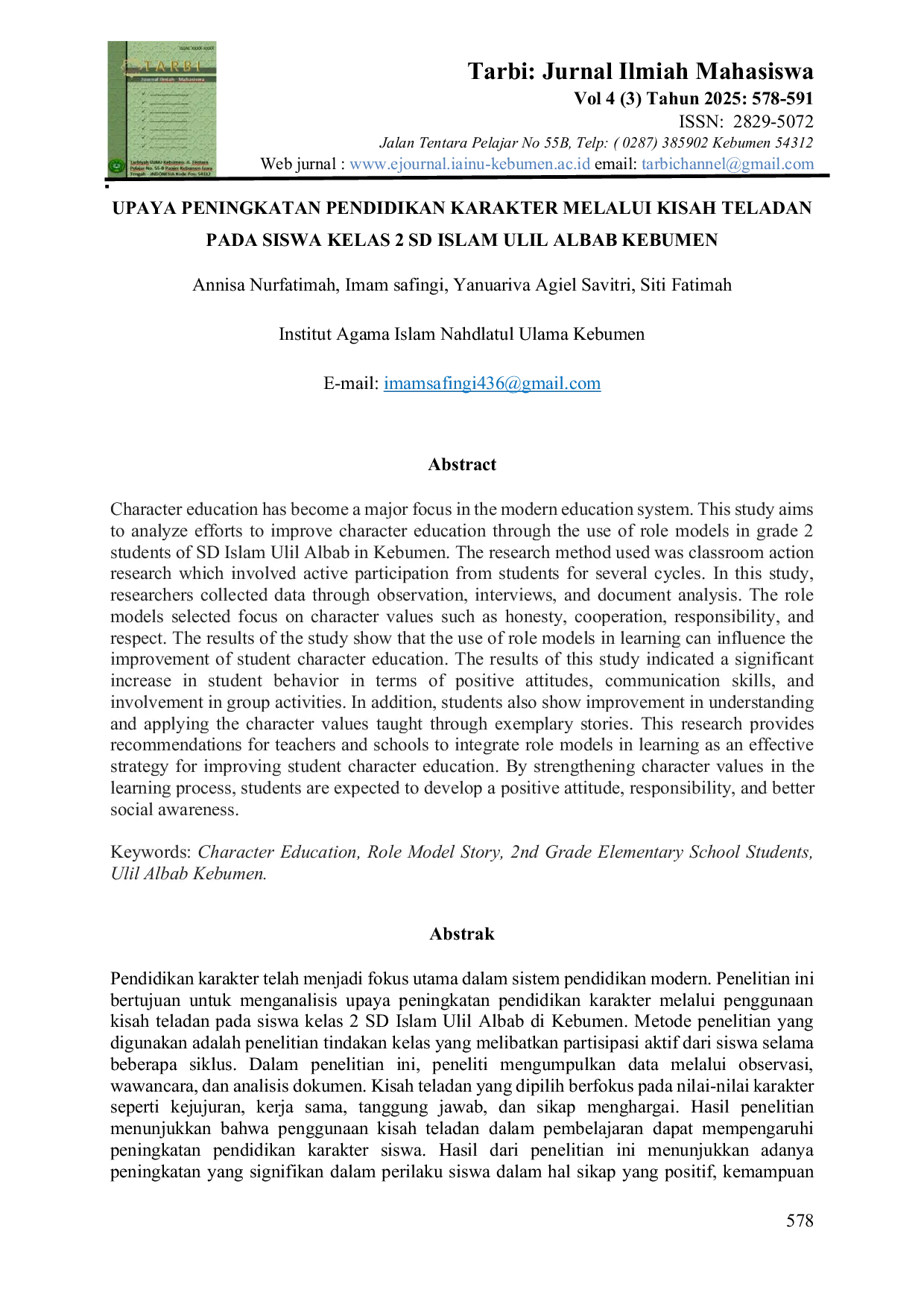 JURIS Upaya Peningkatan Pendidikan Karakter Melalui Kisah Teladan Pada Siswa Kelas 2 SD Islam Ulil Albab Kebumen