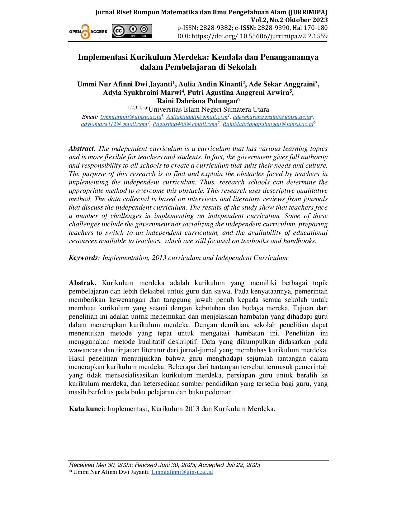 JURIS Implementasi Kurikulum Merdeka Kendala dan Penanganannya dalam Pembelajaran di Sekolah