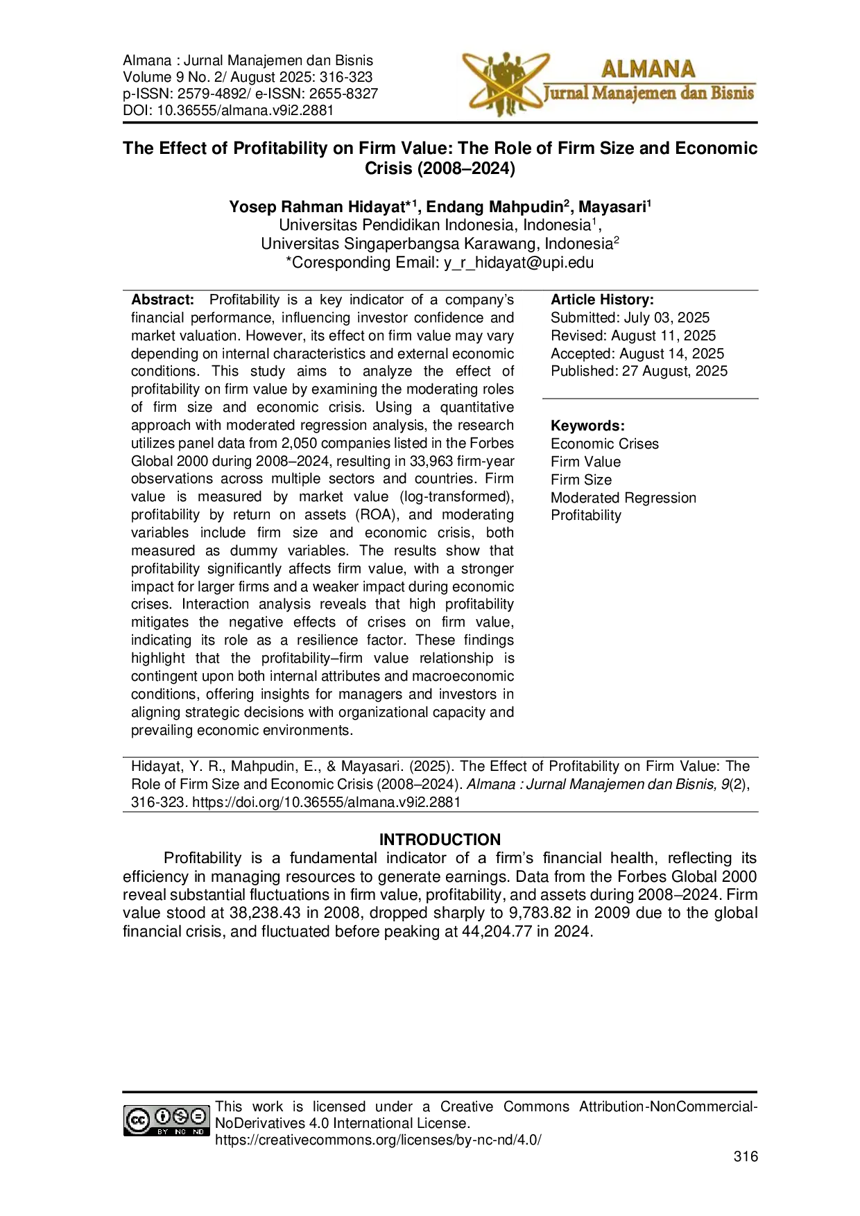 JURIS The Effect of Profitability on Firm Value The Role of Firm Size and Economic Crisis 2008 2024