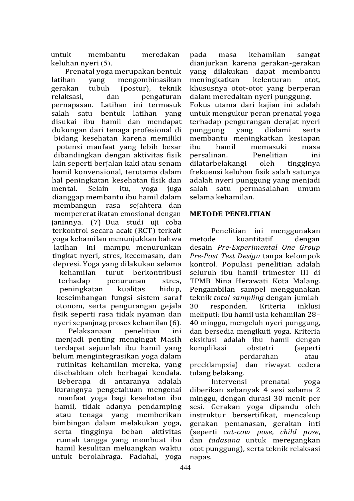 JURIS Dampak Prenatal Yoga Dalam Penurunan Intensitas Nyeri Punggung Dan Persiapan Persalinan Pada Ibu Hamil Trimester Iii Di Tpmb Nina Herawati Kota Malang
