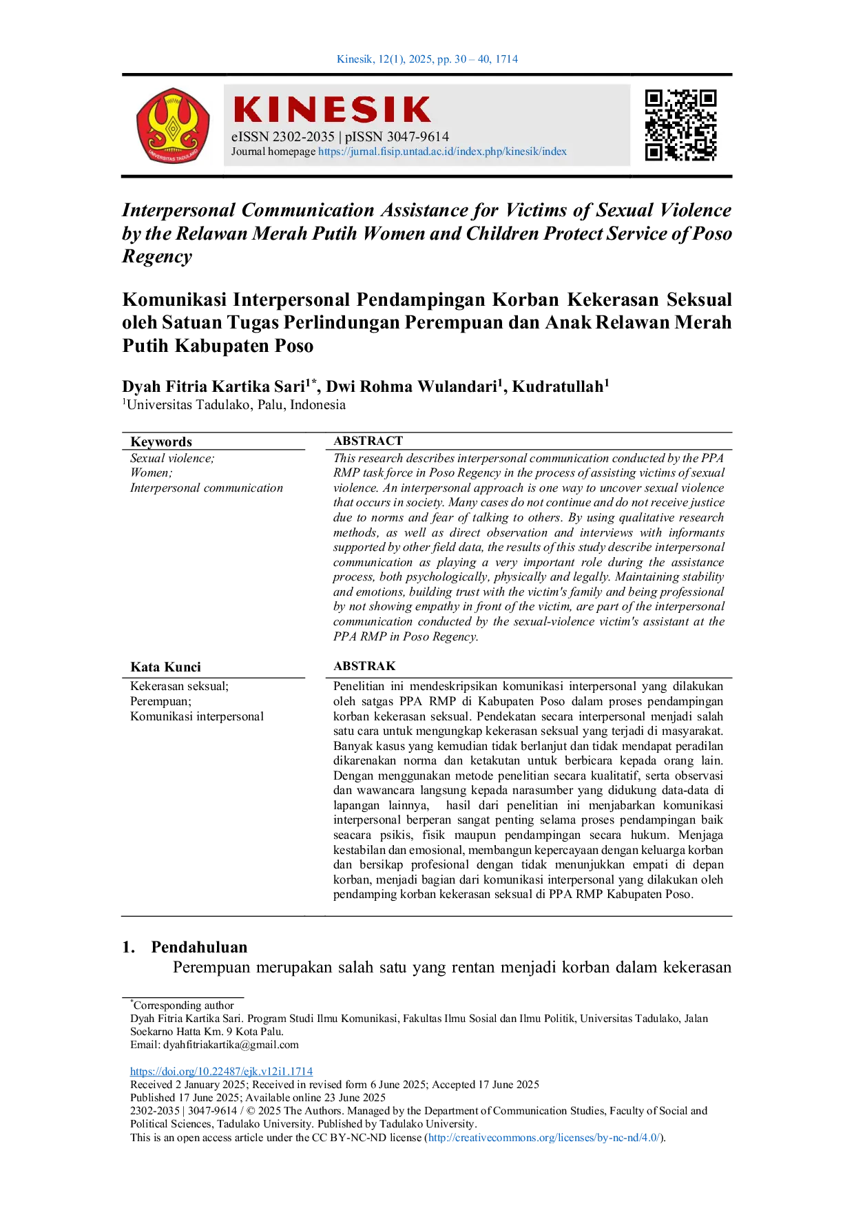 JURIS Komunikasi Interpersonal Pendampingan Korban Kekerasan Seksual oleh Satuan Tugas Perlindungan Perempuan dan Anak Relawan Merah Putih Kabupaten Poso