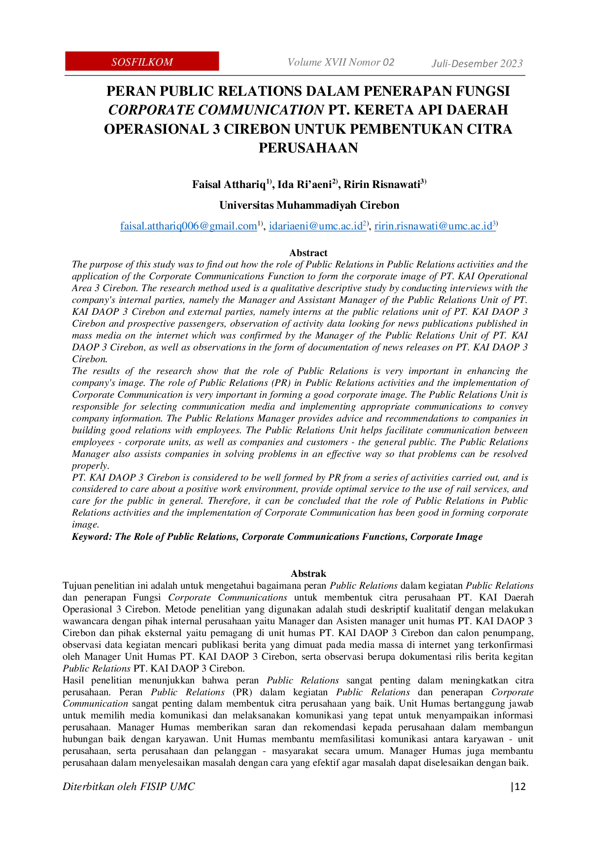 JURIS Peran Public Relations Dalam Penerapan Fungsi Corporate Communication PT Kereta Api Daerah Operasional 3 Cirebon Untuk Pembentukan Citra Perusahaan