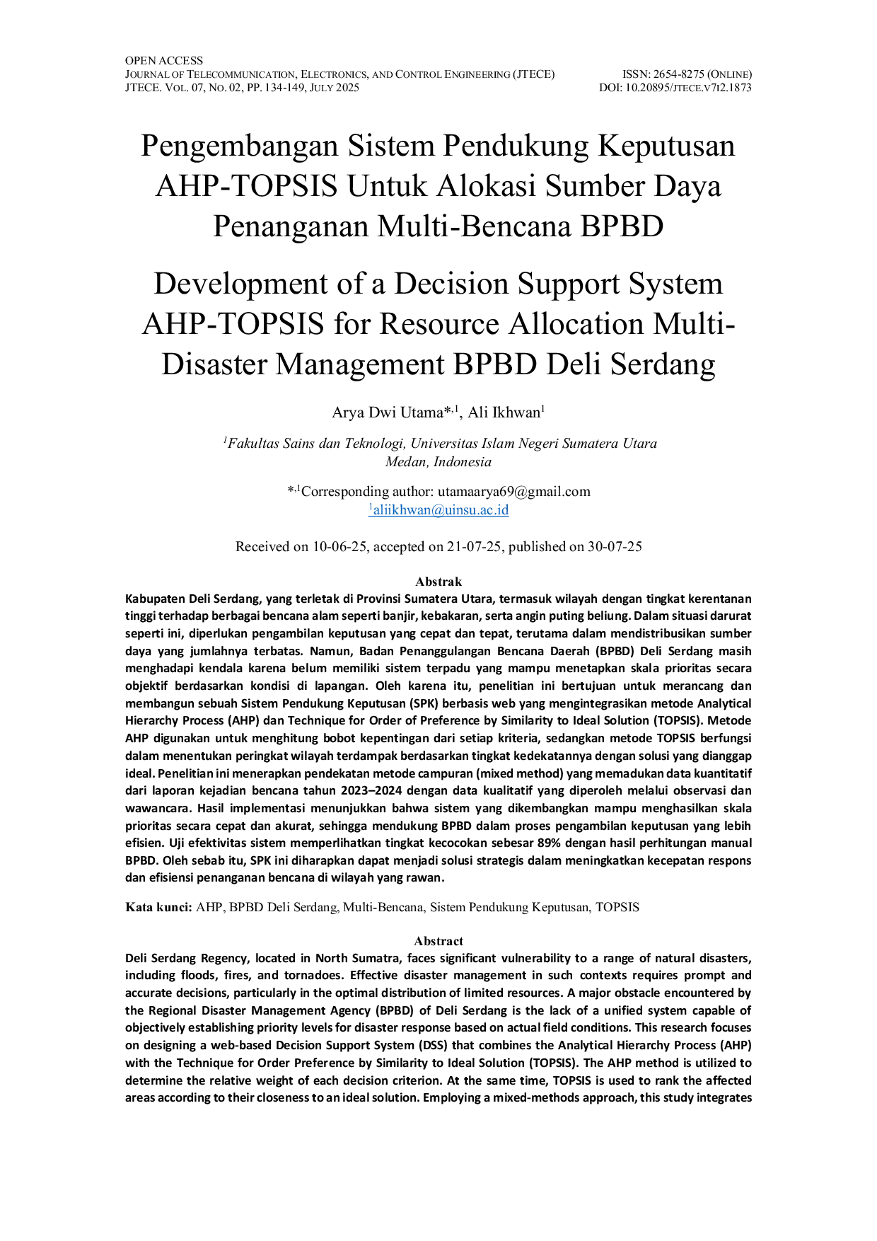 JURIS Pengembangan Sistem Pendukung Keputusan AHP TOPSIS Untuk Alokasi Sumber Daya Penanganan Multi Bencana BPBD