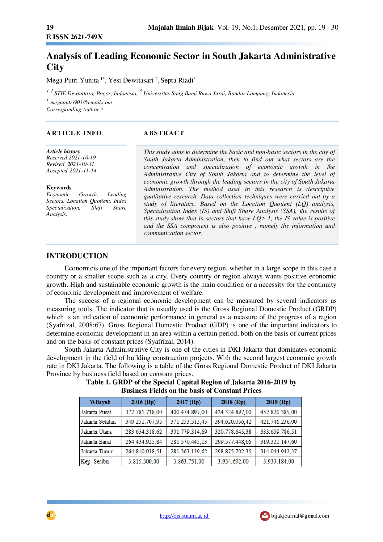 JURIS Analysis of Leading Economic Sector in South Jakarta Administrative City