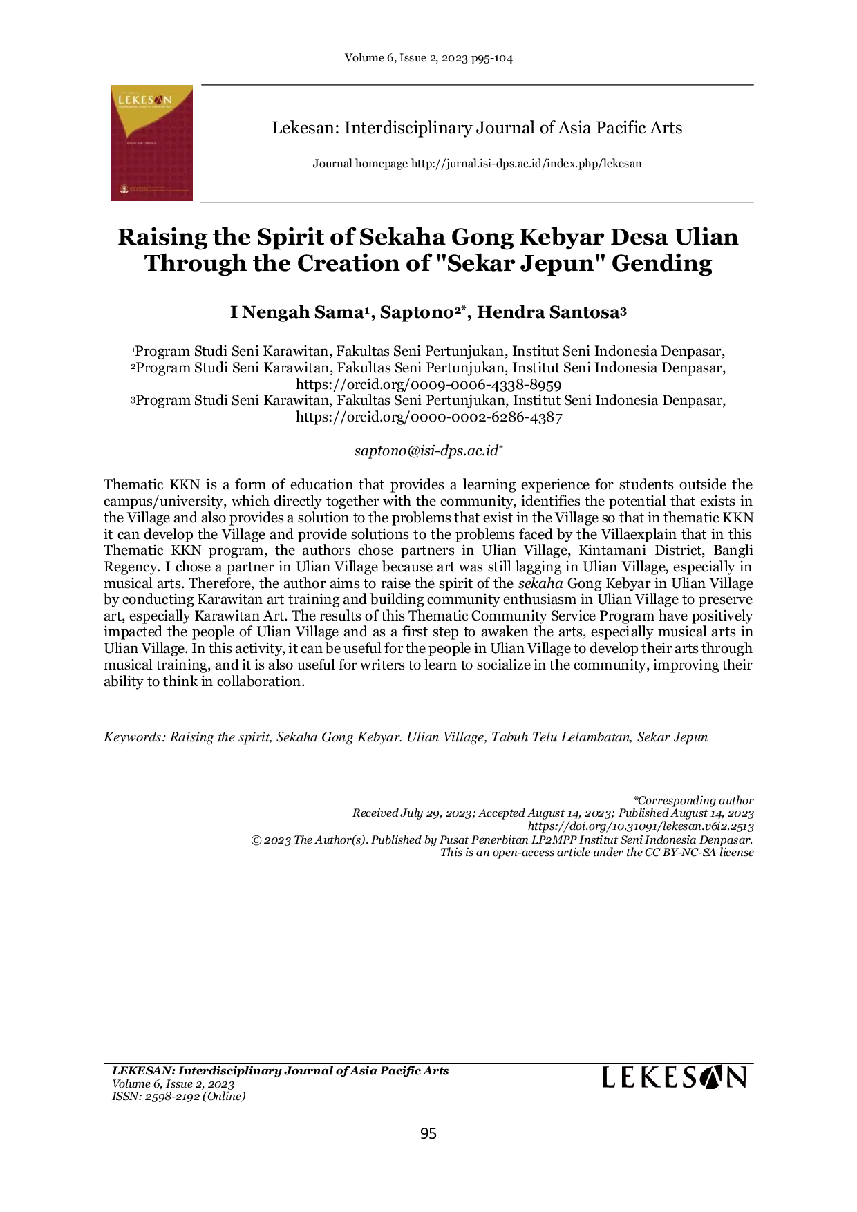 JURIS Raising the Spirit of Sekaha Gong Kebyar Desa Ulian Through the Creation of Sekar Jepun Gending