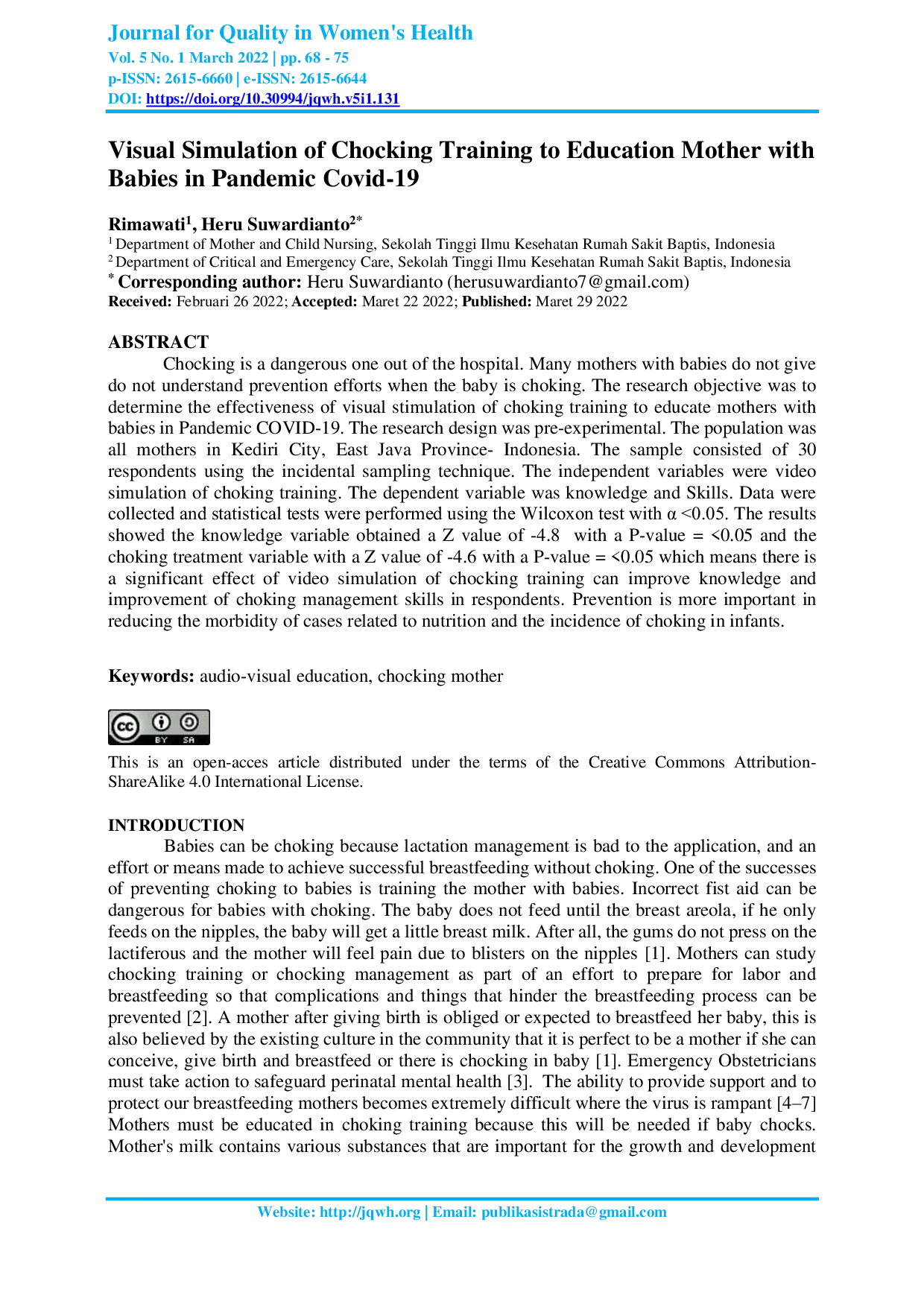 JURIS Visual Simulation of Chocking Training to Education Mother with Babies in Pandemic Covid 19
