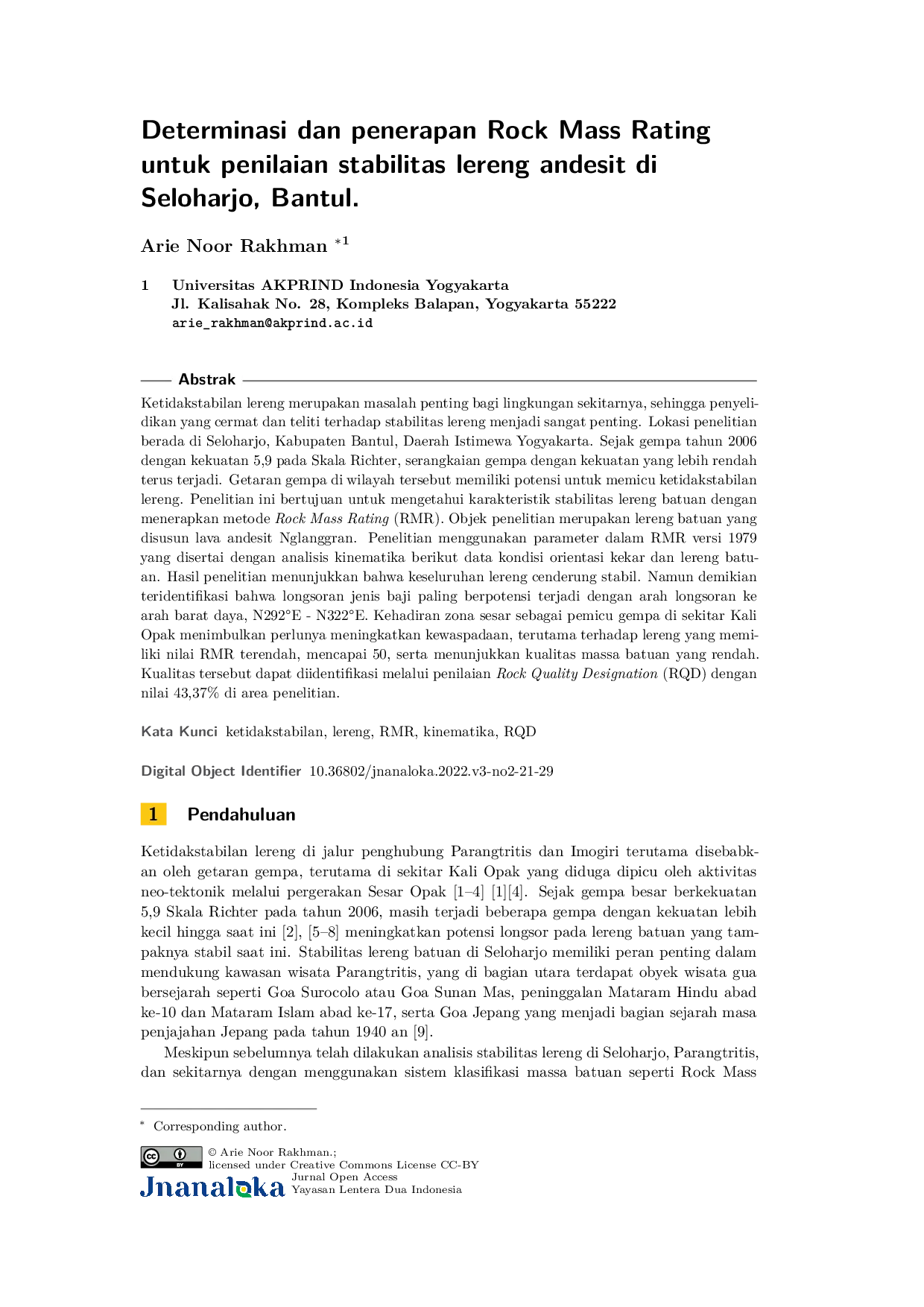 JURIS Determinasi dan penerapan Rock Mass Rating untuk penilaian stabilitas lereng andesit di Seloharjo Bantul
