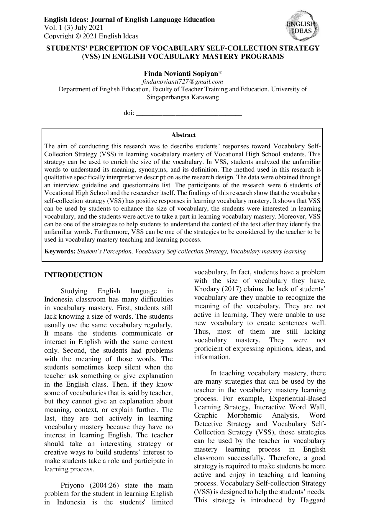 JURIS Students Perception of Vocabulary Self Collection Strategy VSS in English Vocabulary Mastery Programs