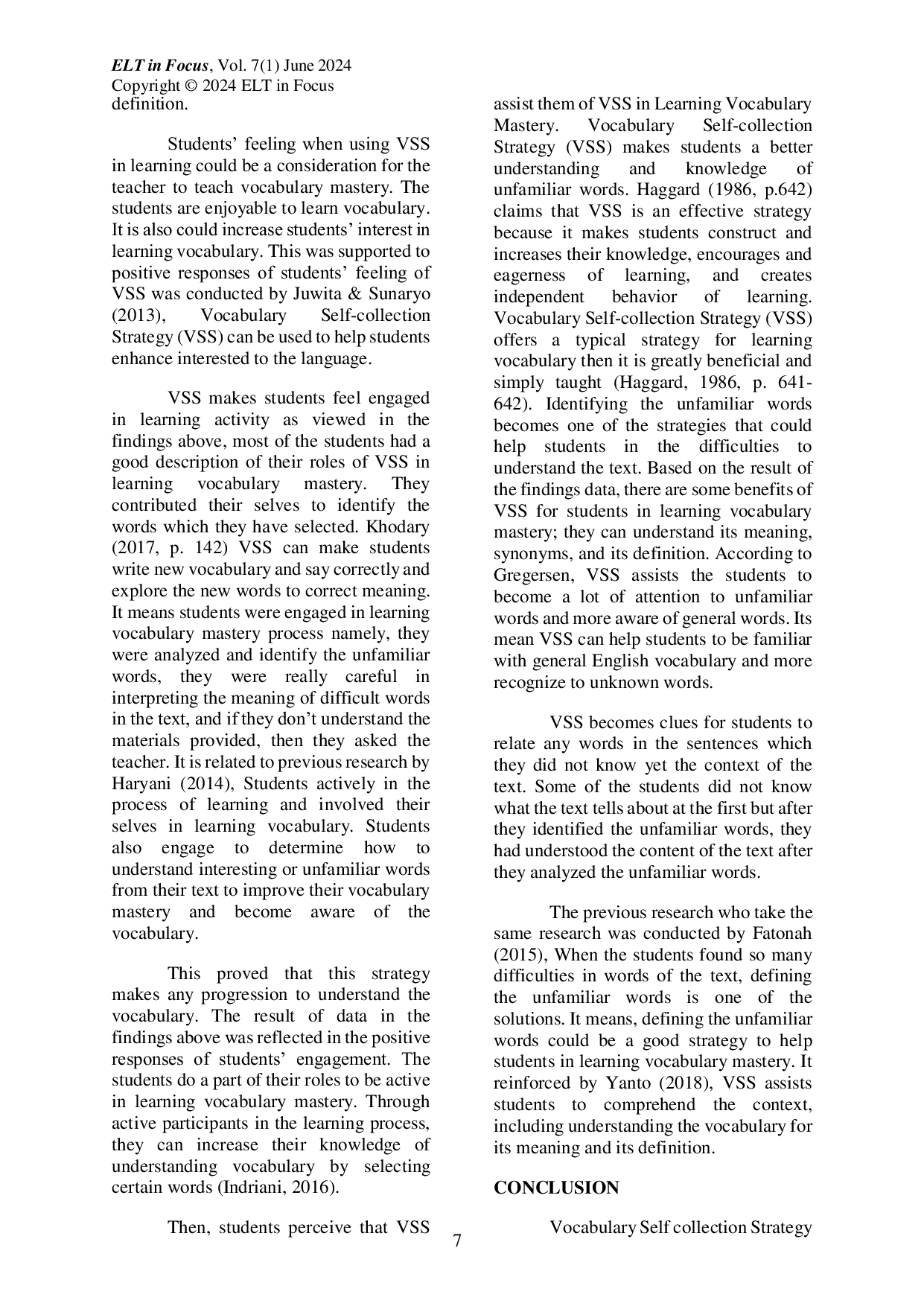 JURIS Students Perception of Vocabulary Self Collection Strategy VSS in English Vocabulary Mastery Programs