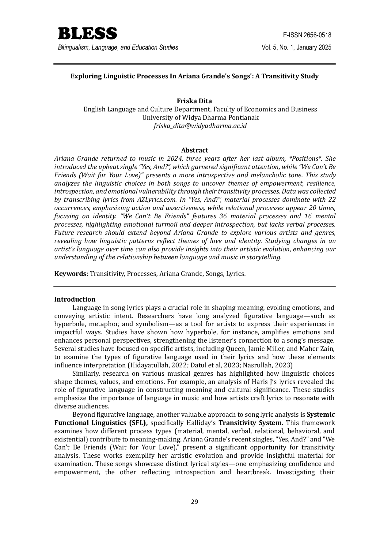 JURIS Exploring Linguistic Processes In Ariana Grande s Songs A Transitivity Study