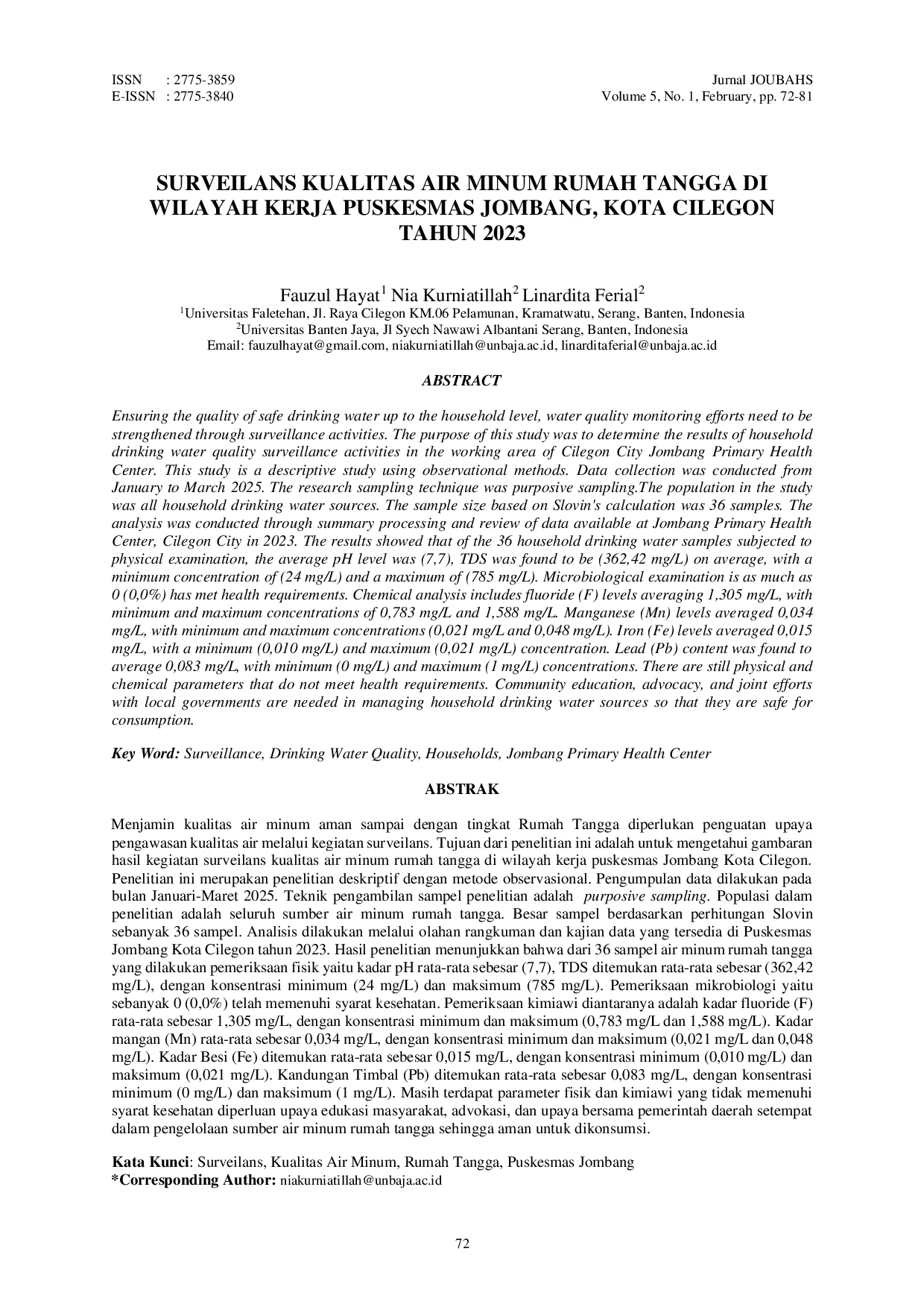 JURIS Surveilans Kualitas Air Minum Rumah Tangga Di Wilayah Kerja Puskesmas Jombang Kota Cilegon Tahun 2023