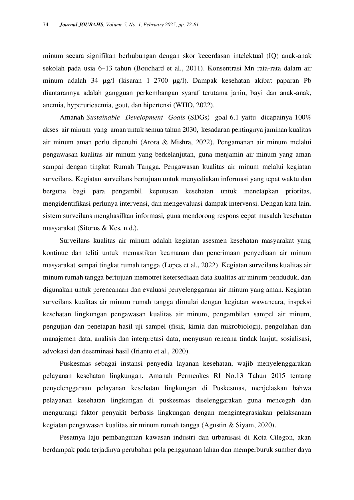 JURIS Surveilans Kualitas Air Minum Rumah Tangga Di Wilayah Kerja Puskesmas Jombang Kota Cilegon Tahun 2023