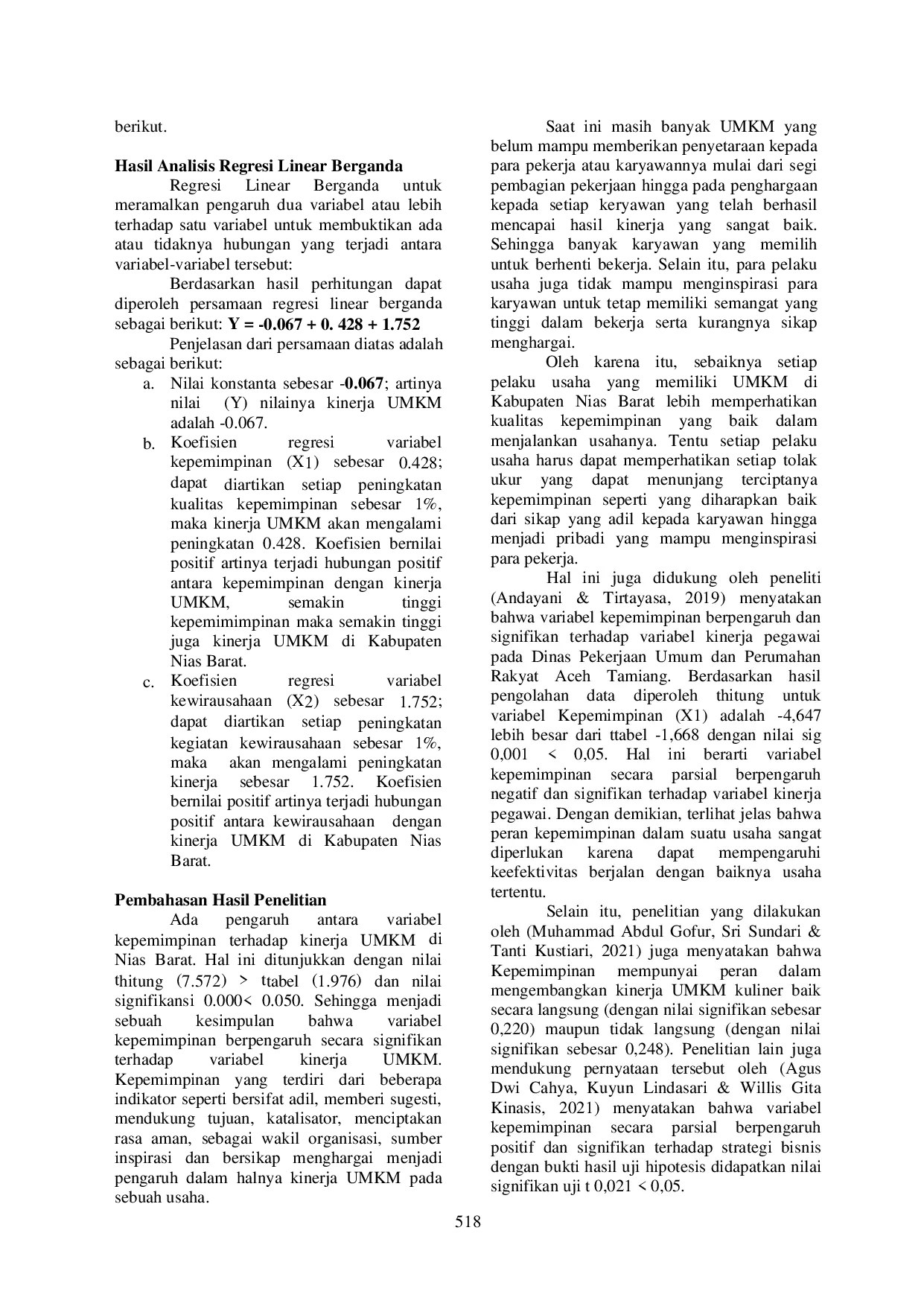 JURIS Pengaruh Kepemimpinan Dan Kewirausahaan Terhadap Kinerja UMKM Di Kabupaten Nias Barat