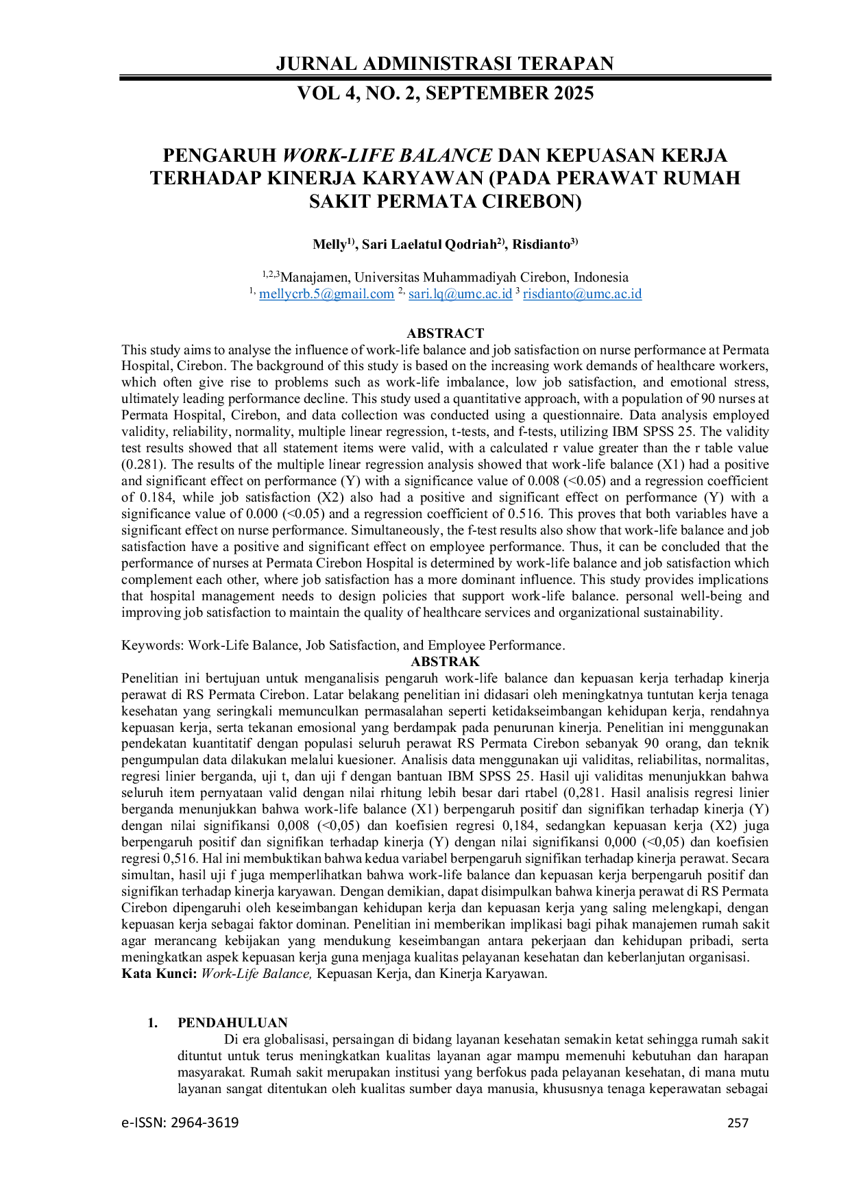 JURIS Pengaruh Work Life Balance dan Kepuasan Kerja Terhadap Kinerja Karyawan Pada Perawat Rumah Sakit Permata Cirebon