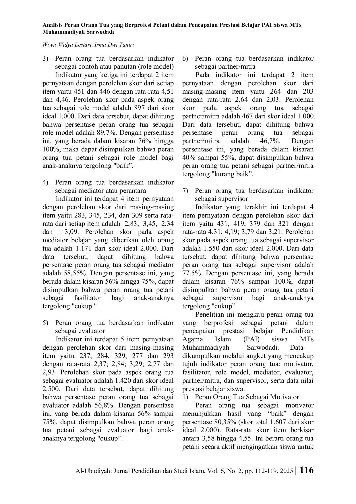 JURIS Analisis Peran Orang Tua yang Berprofesi Petani dalam Pencapaian Prestasi Belajar PAI Siswa MTs Muhammadiyah Sarwodadi