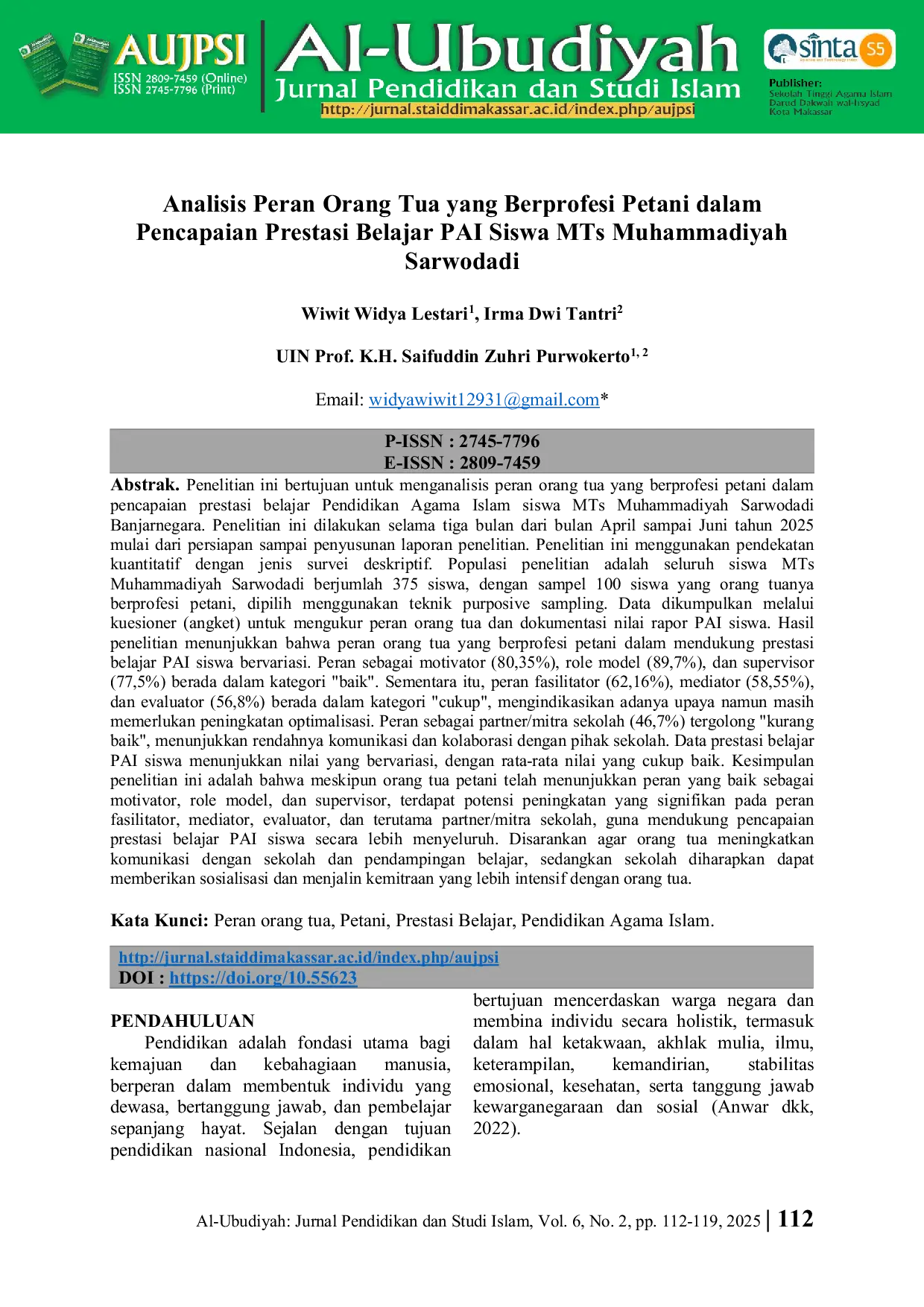 JURIS Analisis Peran Orang Tua yang Berprofesi Petani dalam Pencapaian Prestasi Belajar PAI Siswa MTs Muhammadiyah Sarwodadi