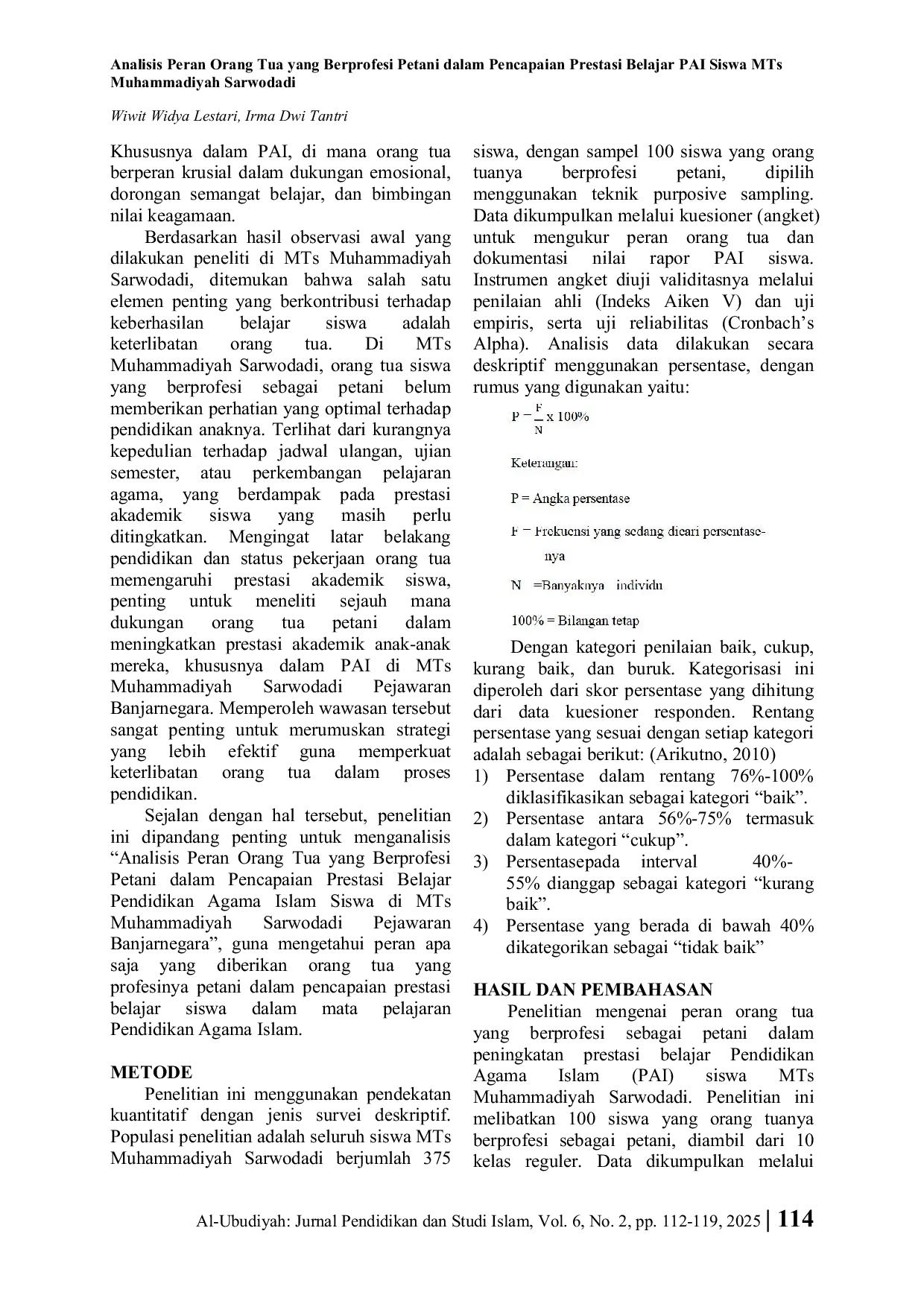 JURIS Analisis Peran Orang Tua yang Berprofesi Petani dalam Pencapaian Prestasi Belajar PAI Siswa MTs Muhammadiyah Sarwodadi