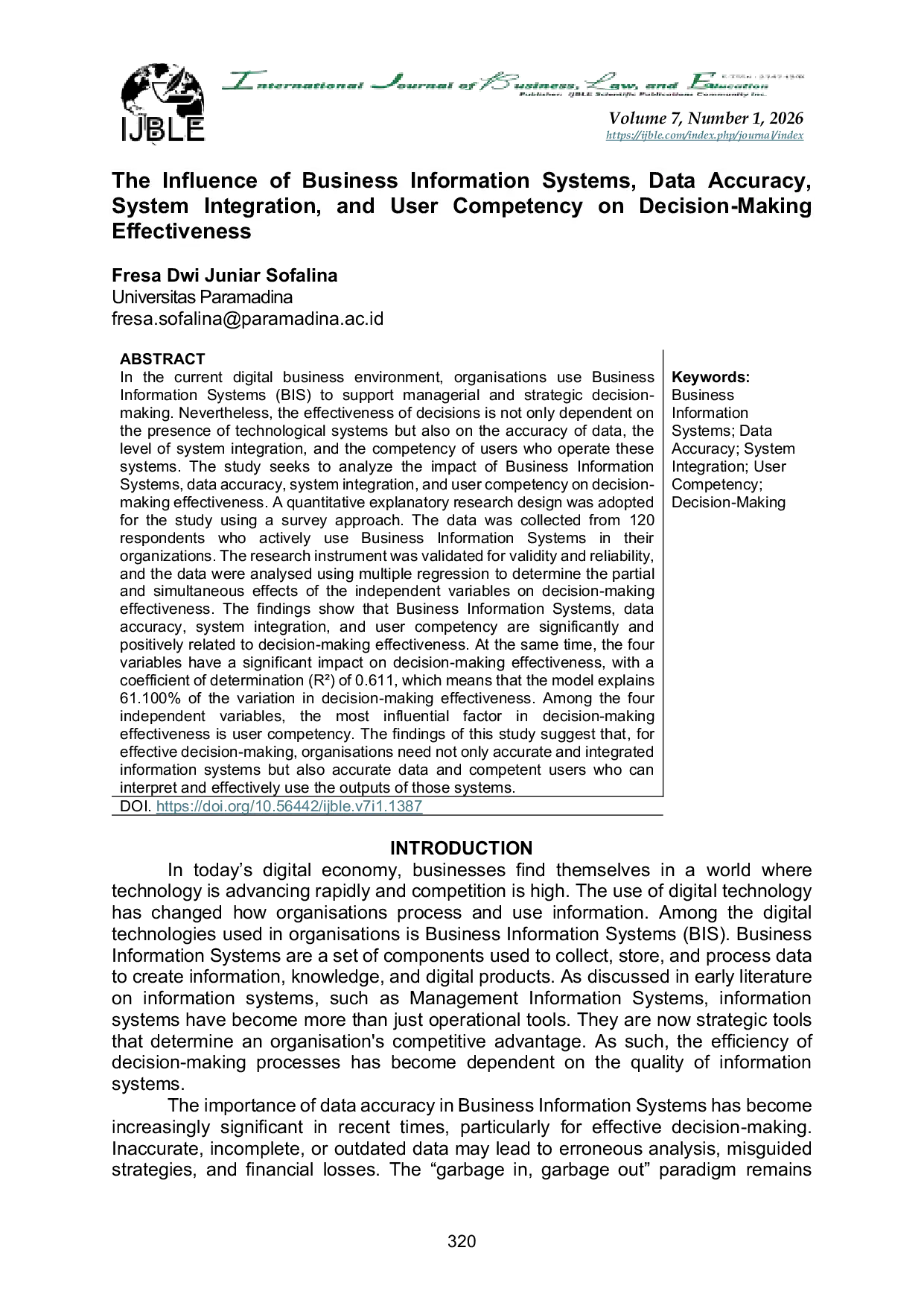 JURIS Influence of Business Information Systems Data Accuracy System Integration and User Competency on Decision Making Effectiveness