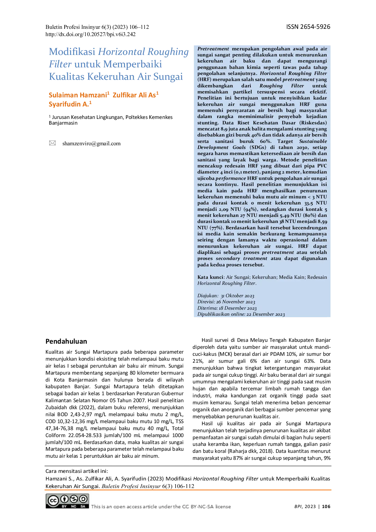 JURIS Modifikasi Horizontal Roughing Filter untuk Memperbaiki Kualitas Kekeruhan Air Sungai