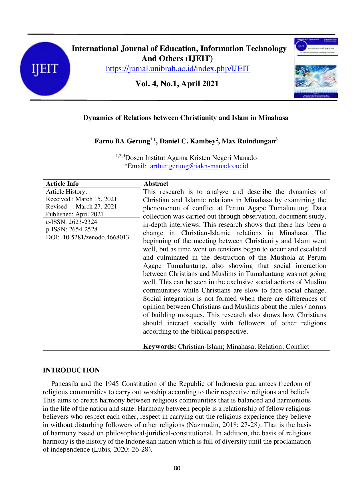 JURIS Dynamics of Relations between Christianity and Islam in Minahasa