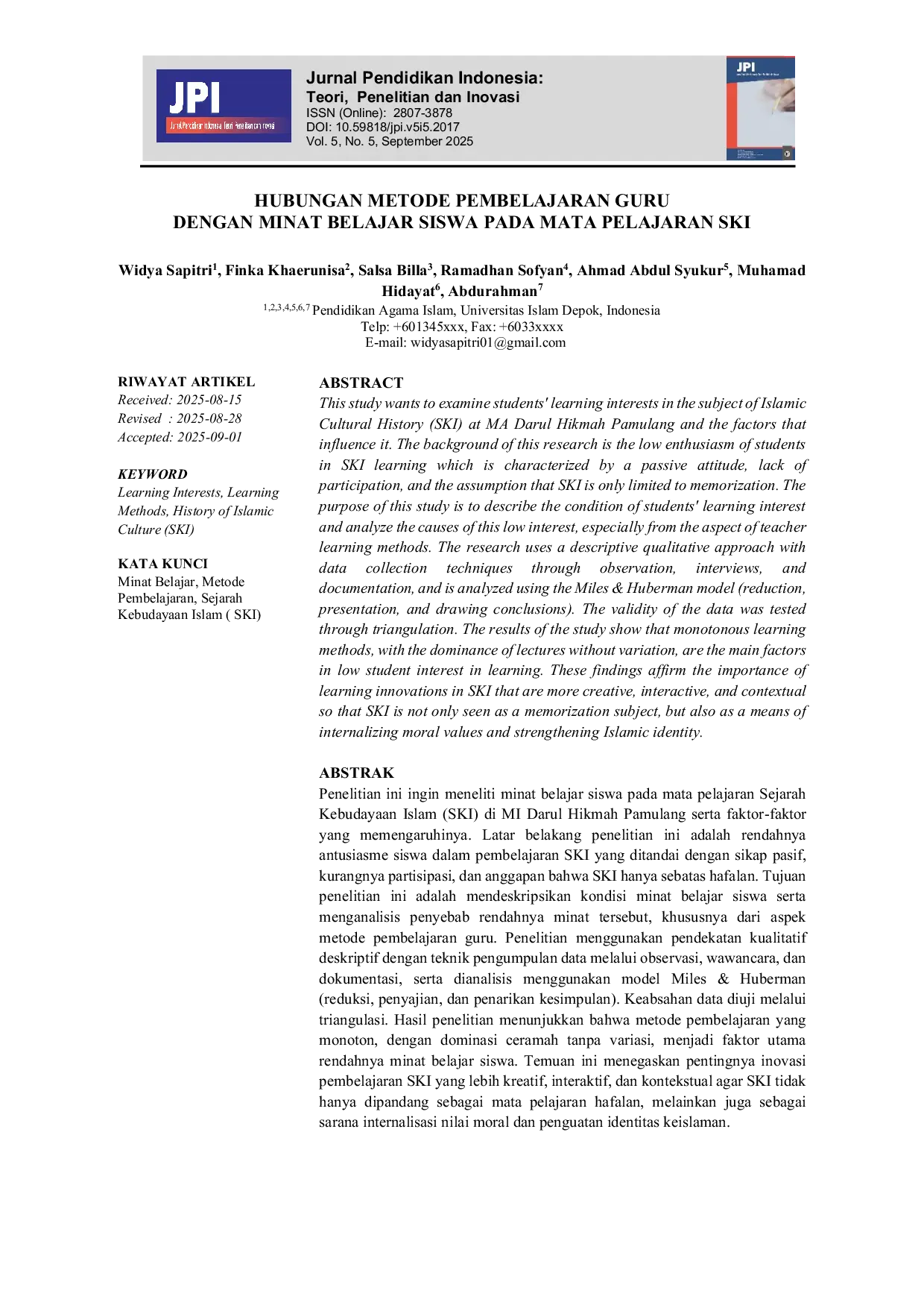 JURIS Hubungan Metode Pembelajaran Guru Dengan Minat Belajar Siswa Pada Mata Pelajaran Ski