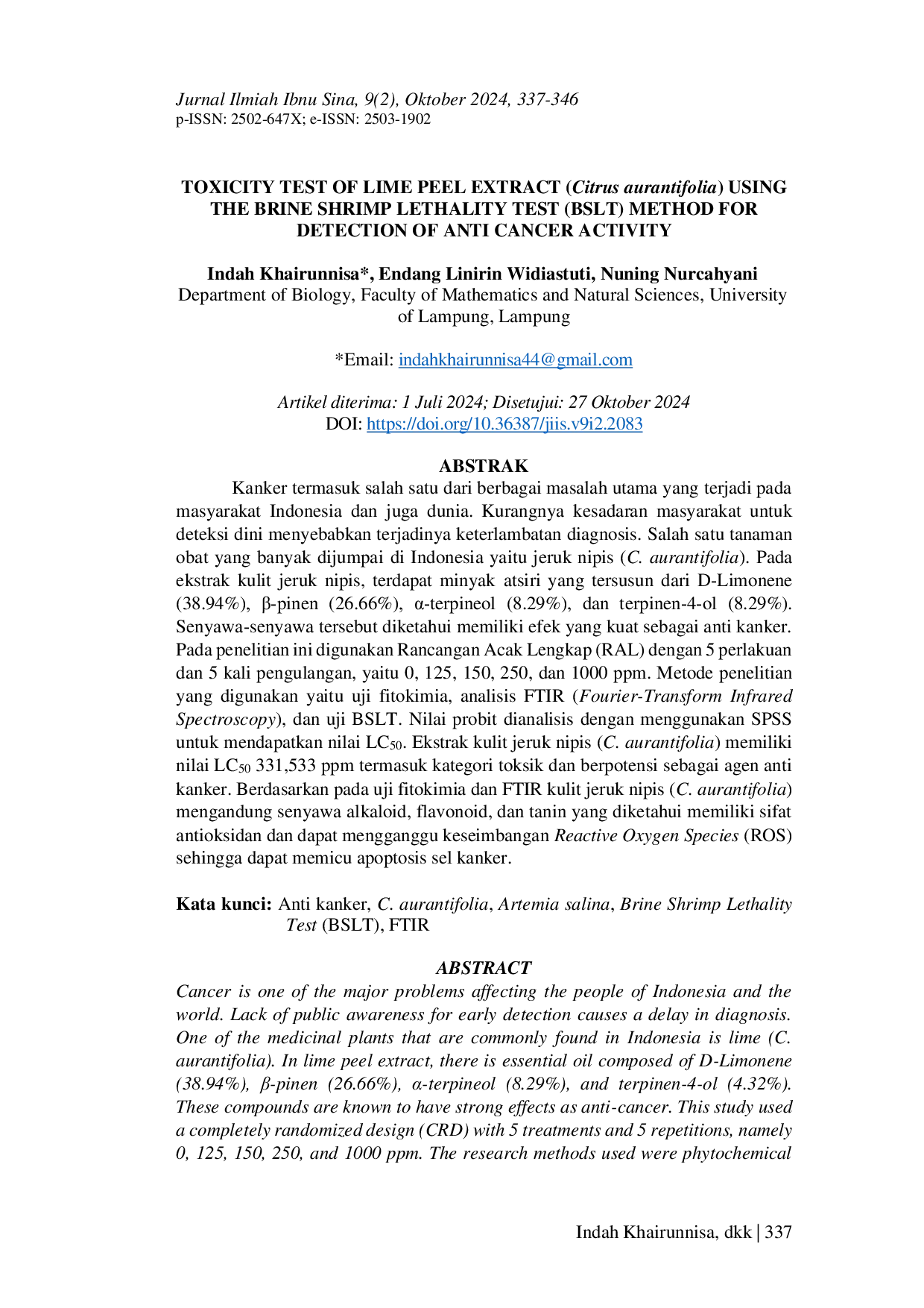 JURIS TOXICITY TEST OF LIME PEEL EXTRACT Citrus aurantifolia USING THE BRINE SHRIMP LETHALITY TEST BSLT METHOD FOR DETECTION OF ANTI CANCER ACTIVITY
