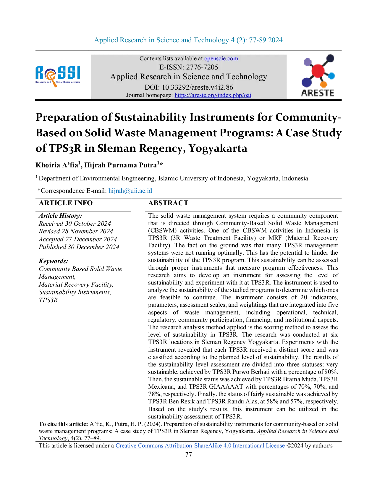 JURIS Preparation of Sustainability Instruments for Community Based on Solid Waste Management Programs A Case Study of TPS3R in Sleman Regency Yogyakarta