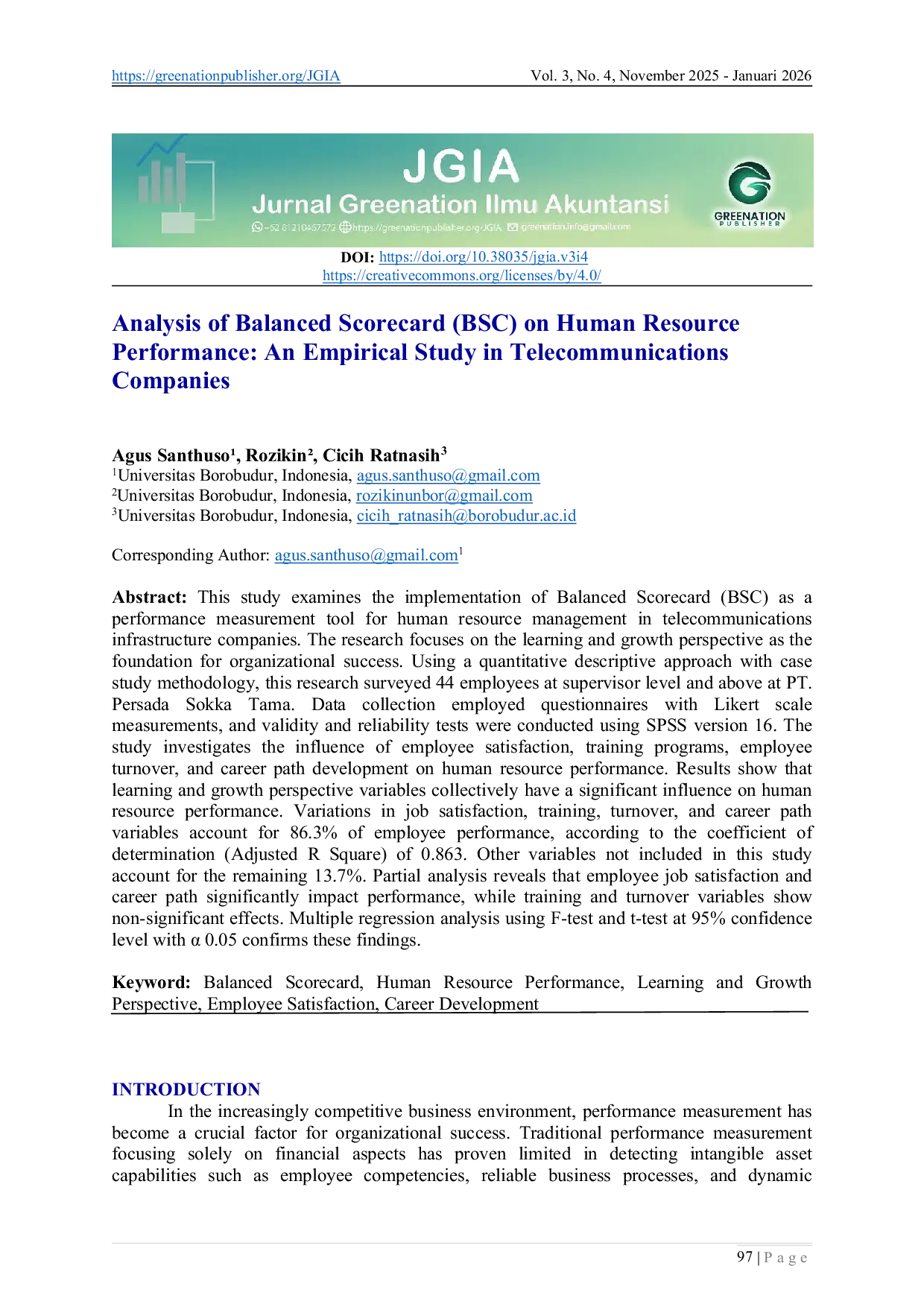 JURIS Analysis of Balanced Scorecard BSC on Human Resource Performance An Empirical Study in Telecommunications Companies