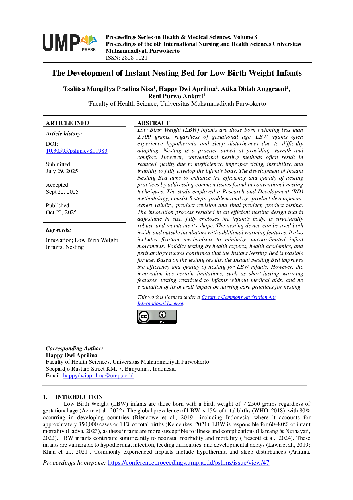 JURIS The Development of Instant Nesting Bed for Low Birth Weight Infants