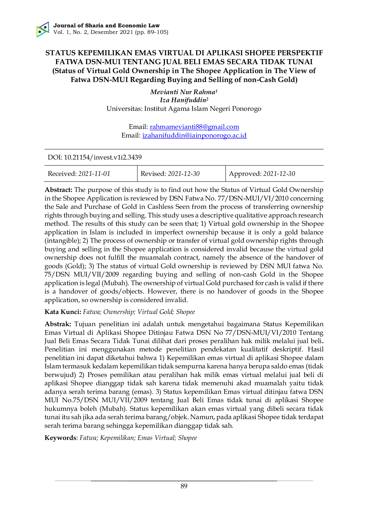 JURIS Status Kepemilikan Emas Virtual di Aplikasi Shopee Perspektif Fatwa DSN MUI Tentang Jual Beli Emas Secara Tidak Tunai