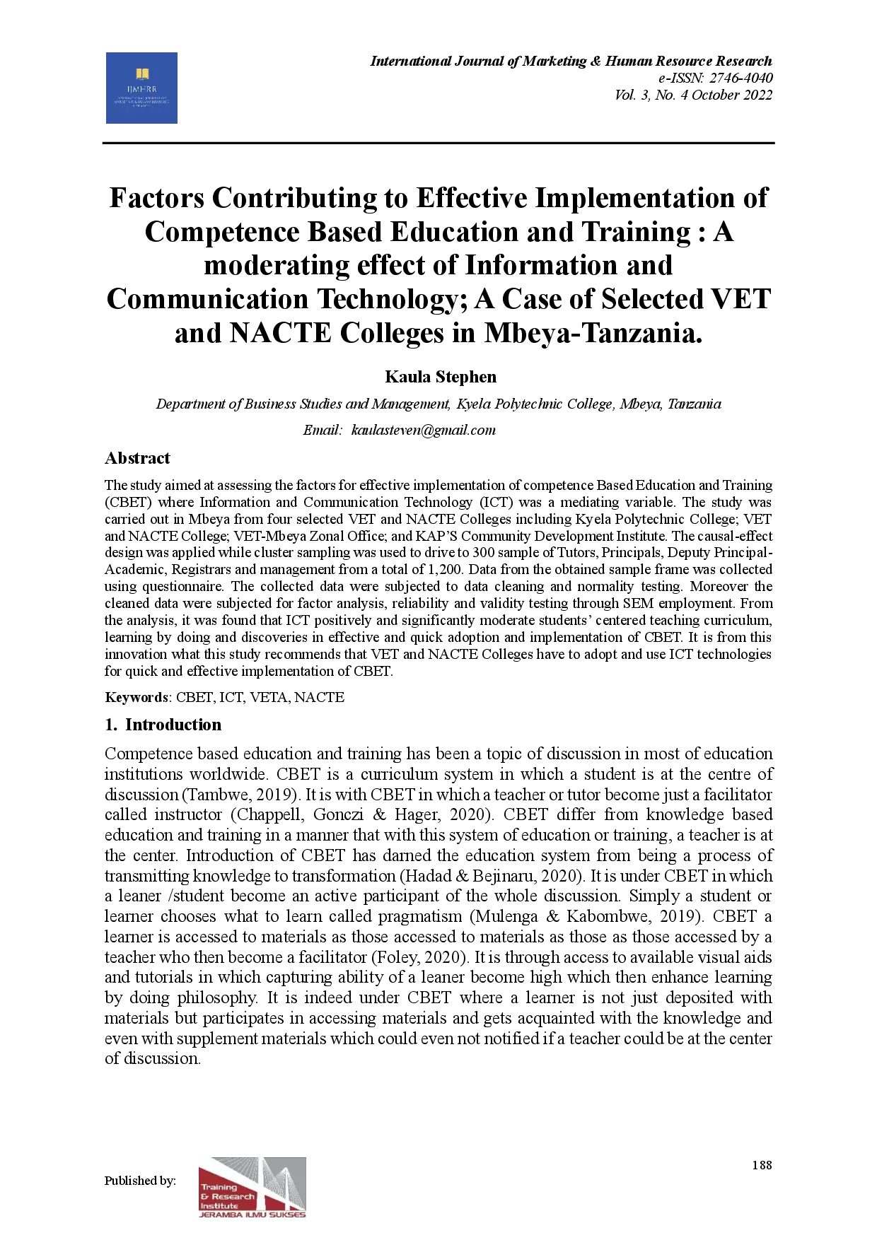 juris Factors Contributing to Effective Implementation of Competence Based Education and Training A moderating effect of Information and Communication Technology A Case of Selected VET and NACTE Colleges