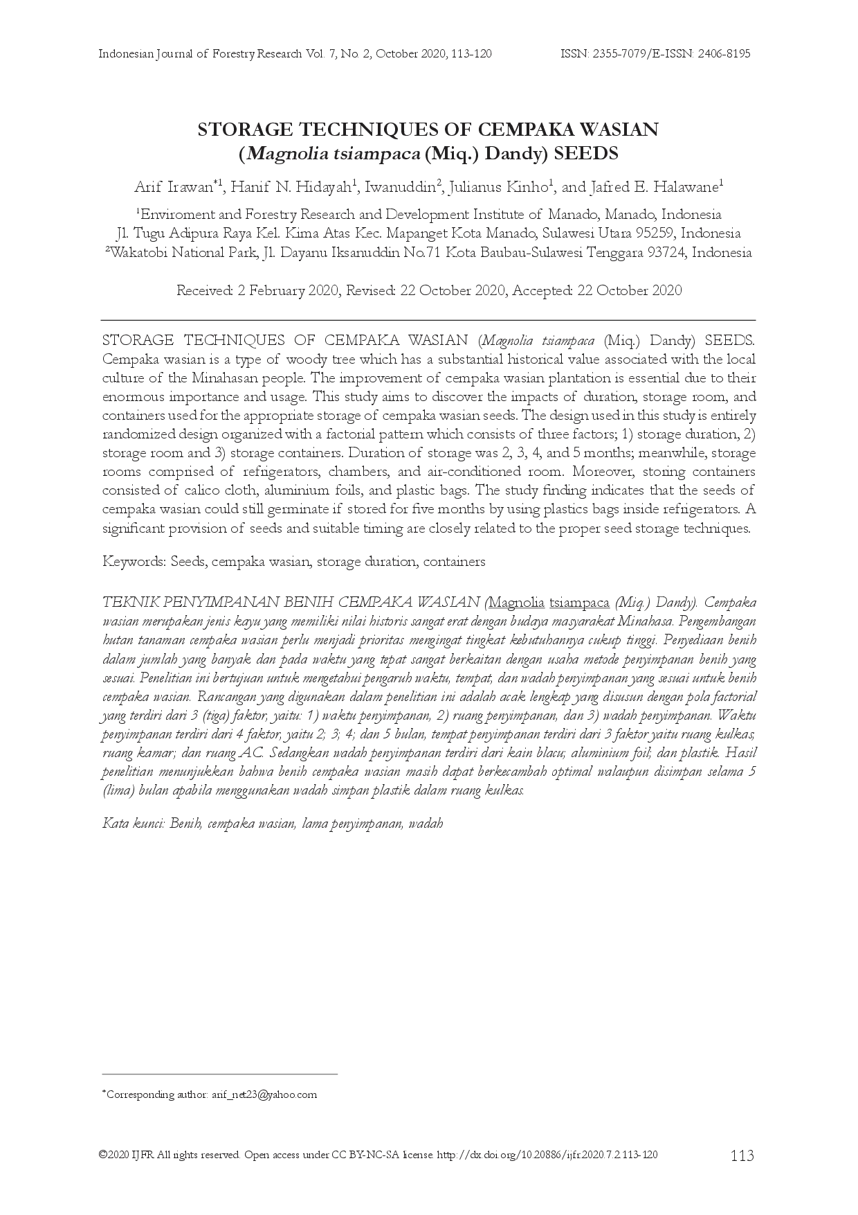 juris STORAGE TECHNIQUES OF CEMPAKA WASIAN Magnolia tsiampaca Miq Dandy SEEDS