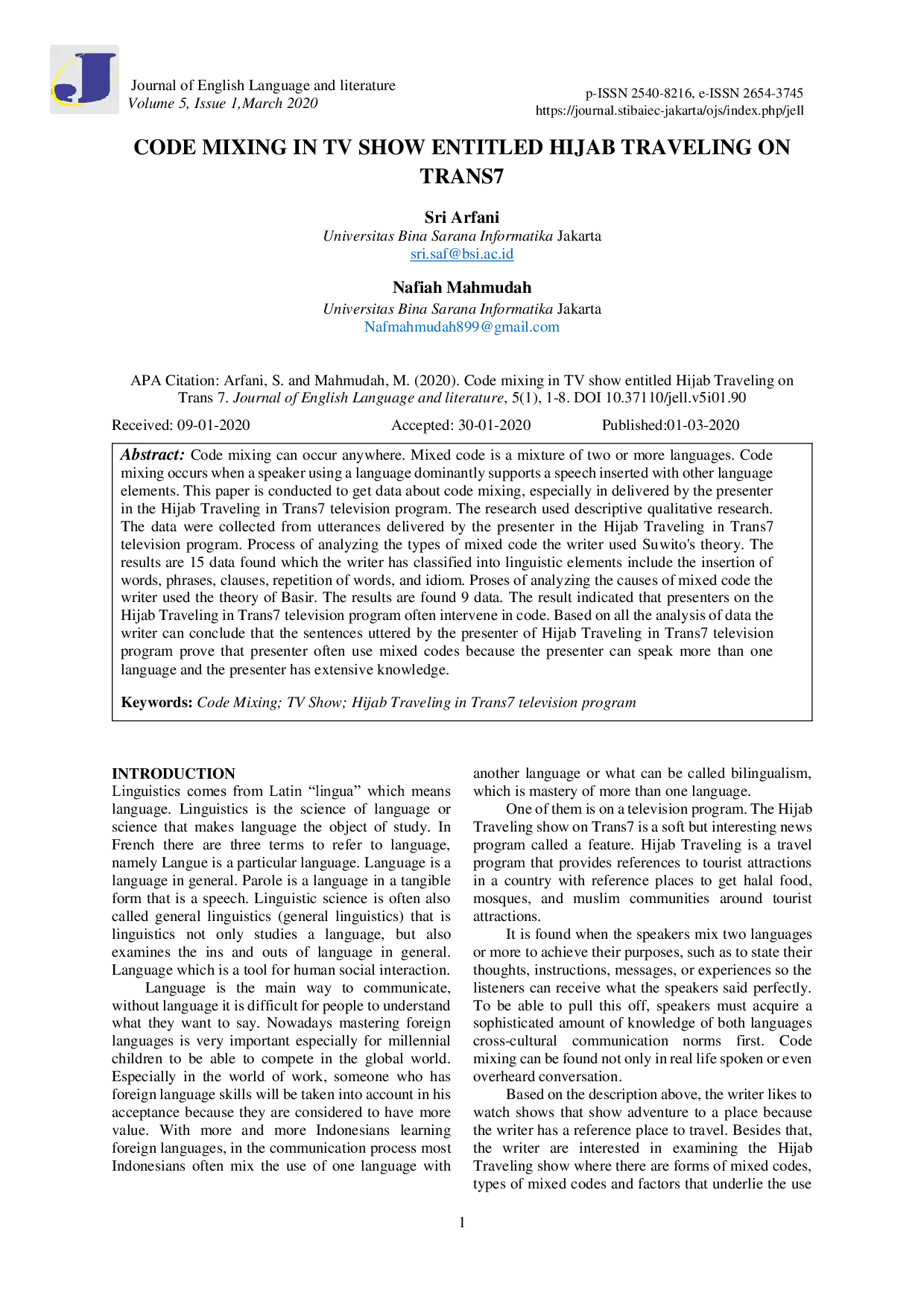 JURIS Code Mixing In TV Show Entitled Hijab Traveling On Trans7