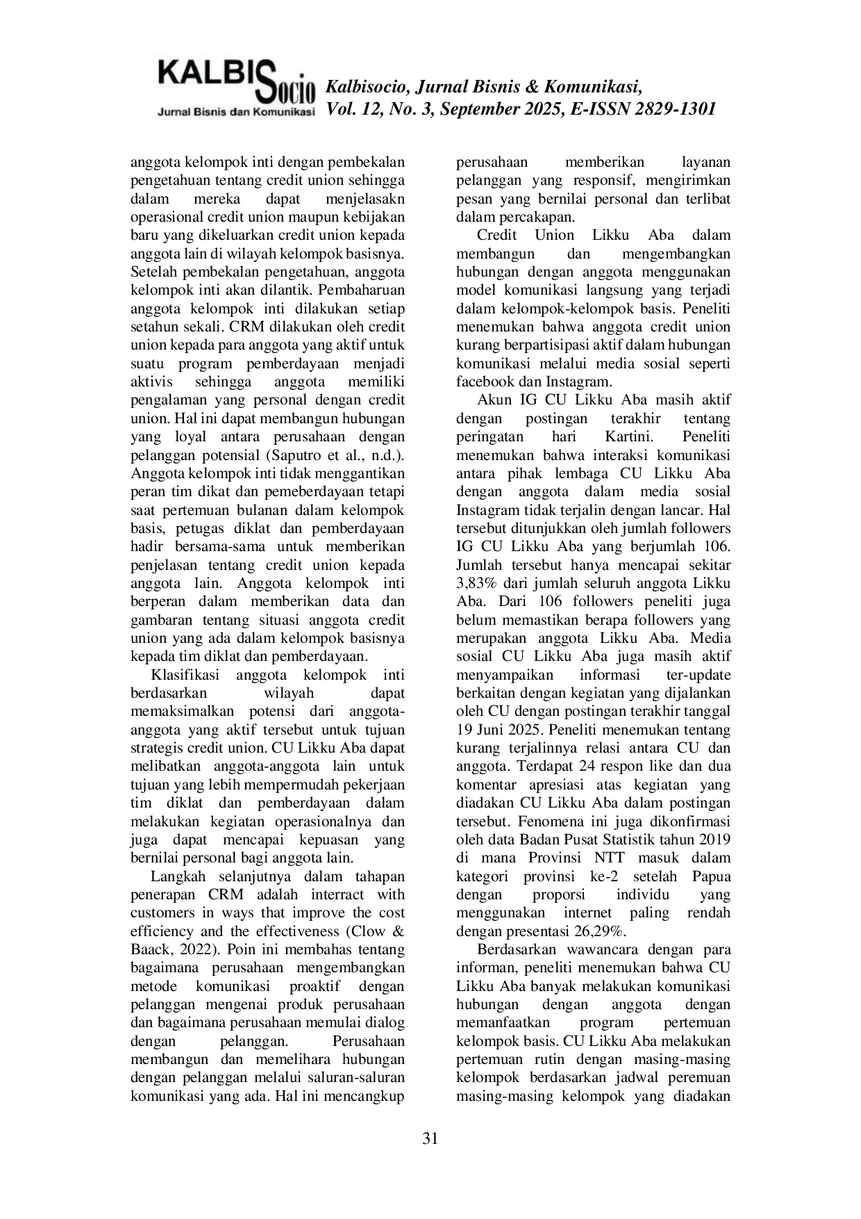 JURIS Strategi Customer Relationship Management Credit Union Likku Aba dalam Meningkatkan Loyalitas Anggota