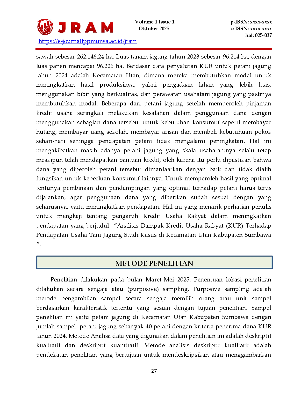 juris Dampak Kredit Usaha Rakyat Kur Terhadap Pendapatan Usaha Tani Jagung Studi Kasus Di Kecamatan Utan