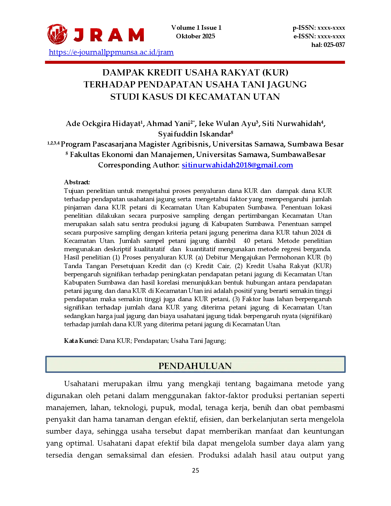juris Dampak Kredit Usaha Rakyat Kur Terhadap Pendapatan Usaha Tani Jagung Studi Kasus Di Kecamatan Utan