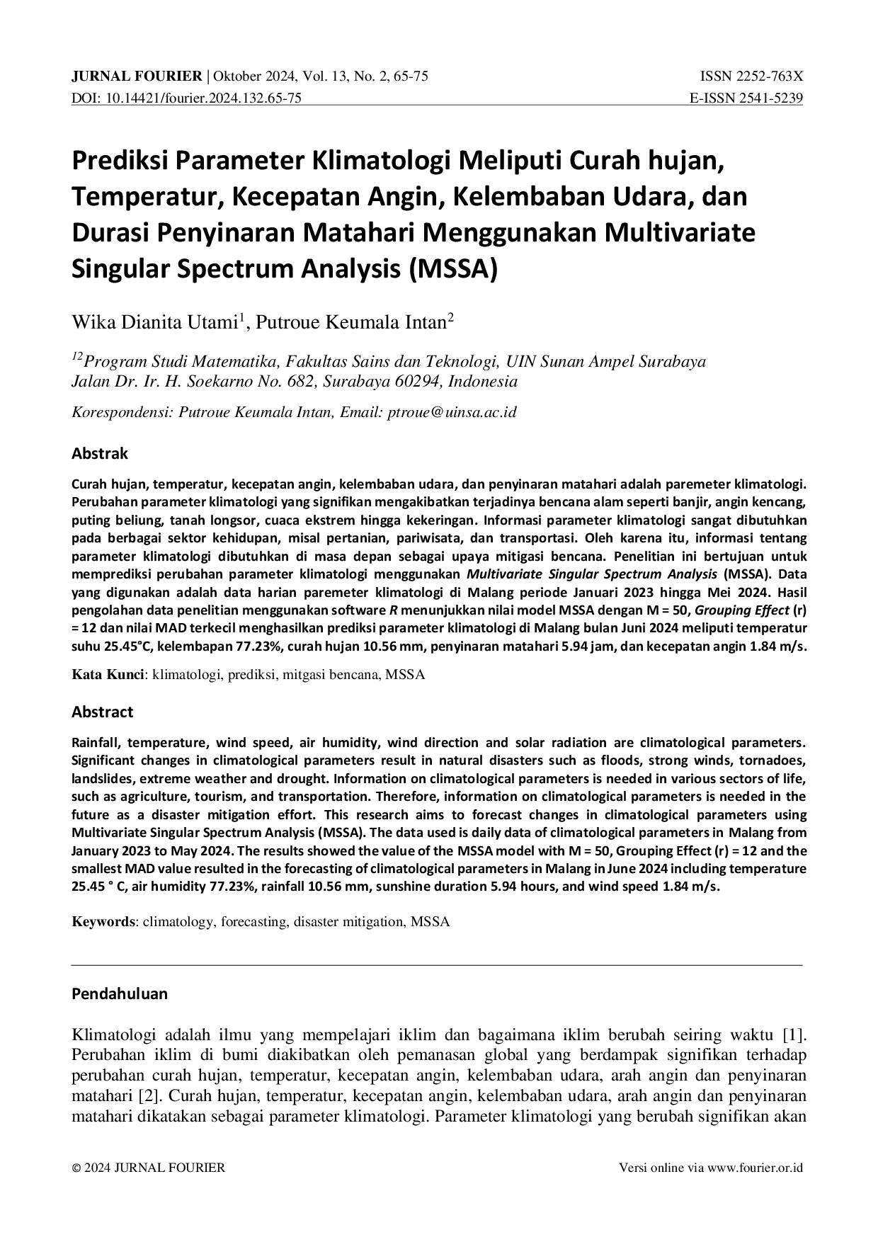 JURIS Prediksi Parameter Klimatologi Menggunakan Multivariate Singular Spectrum Analysis MSSA