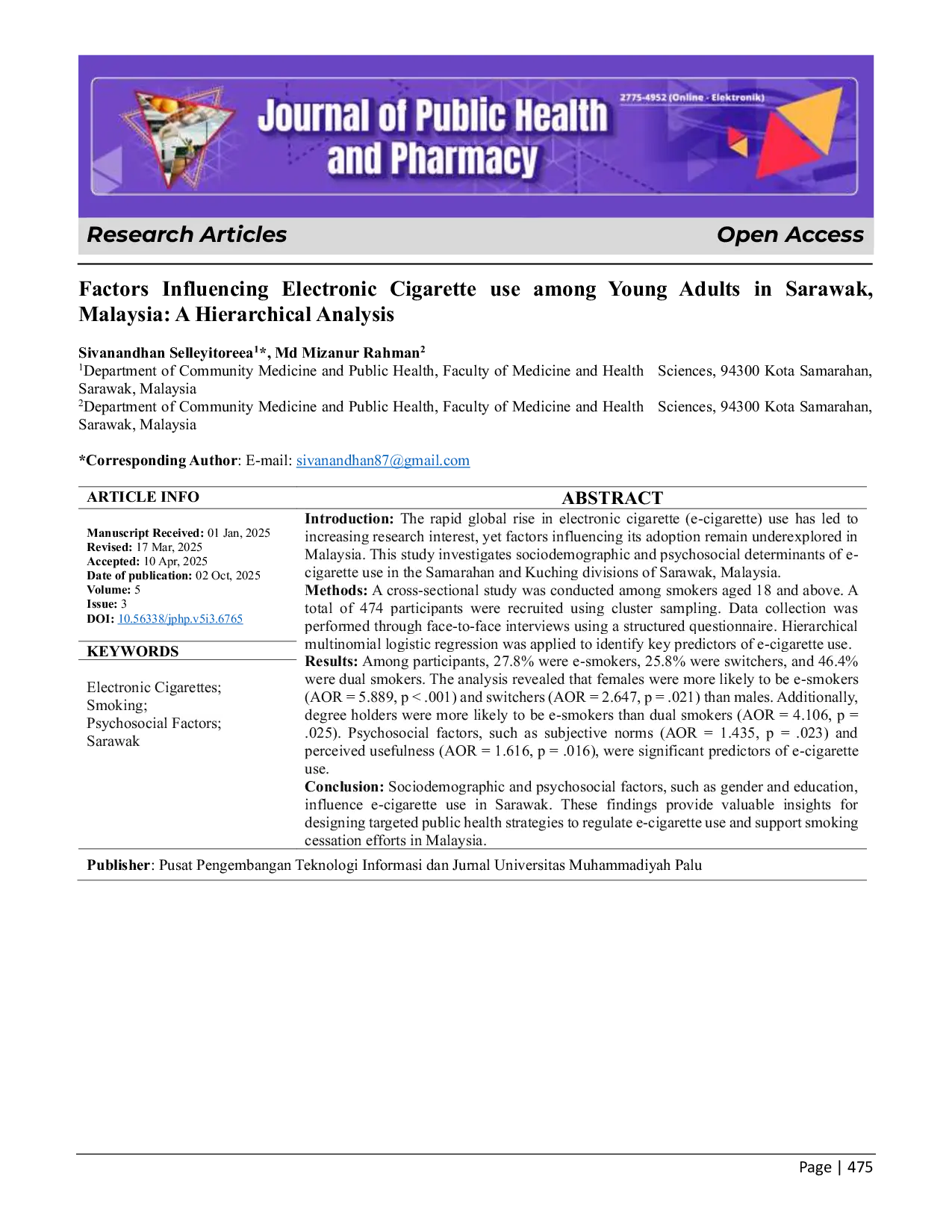 JURIS Factors Influencing Electronic Cigarette use among Young Adults in Sarawak Malaysia A Hierarchical Analysis