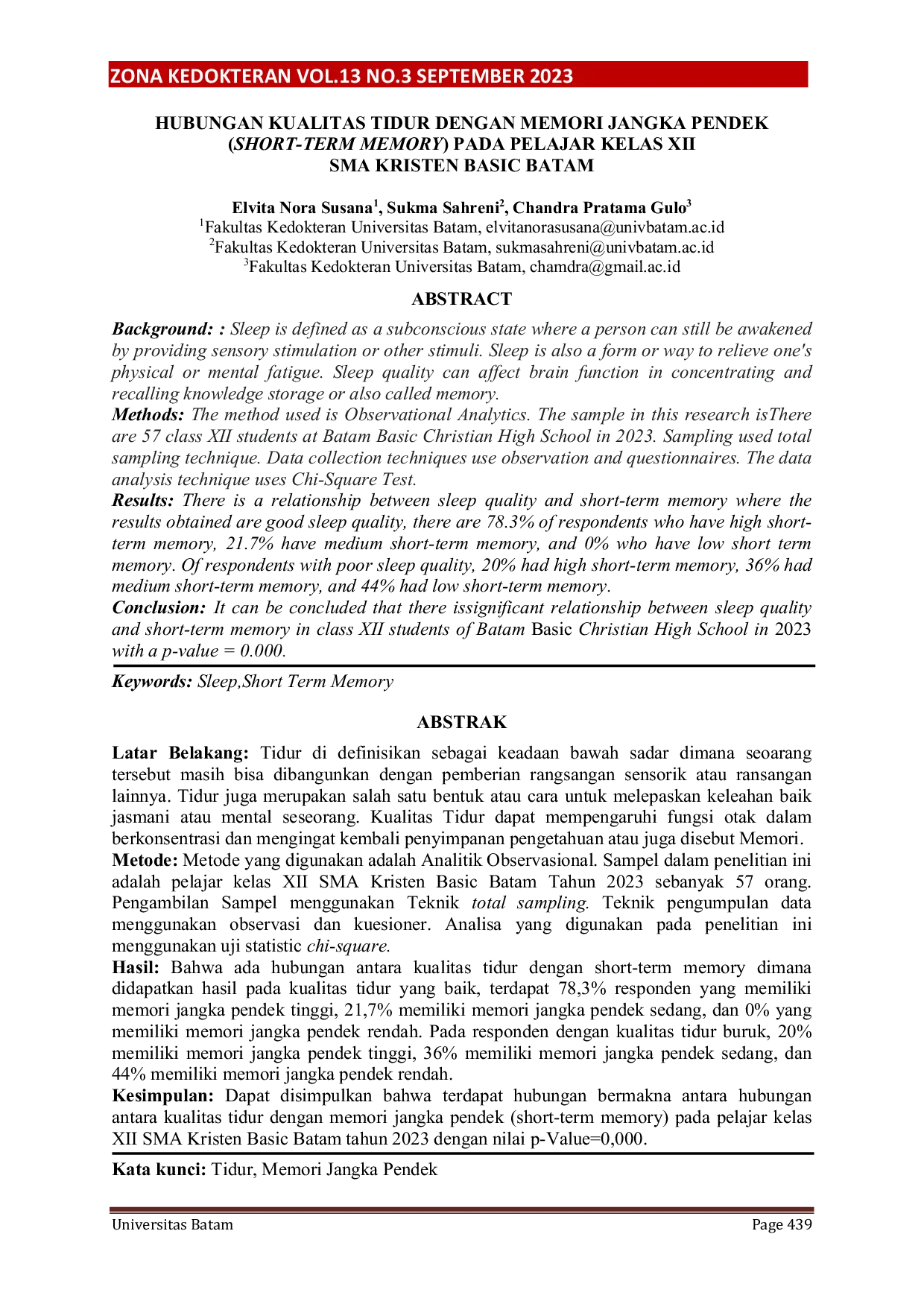 JURIS HUBUNGAN KUALITAS TIDUR DENGAN MEMORI JANGKA PENDEK SHORT TERM MEMORY PADA PELAJAR KELAS XII SMA KRISTEN BASIC BATAM