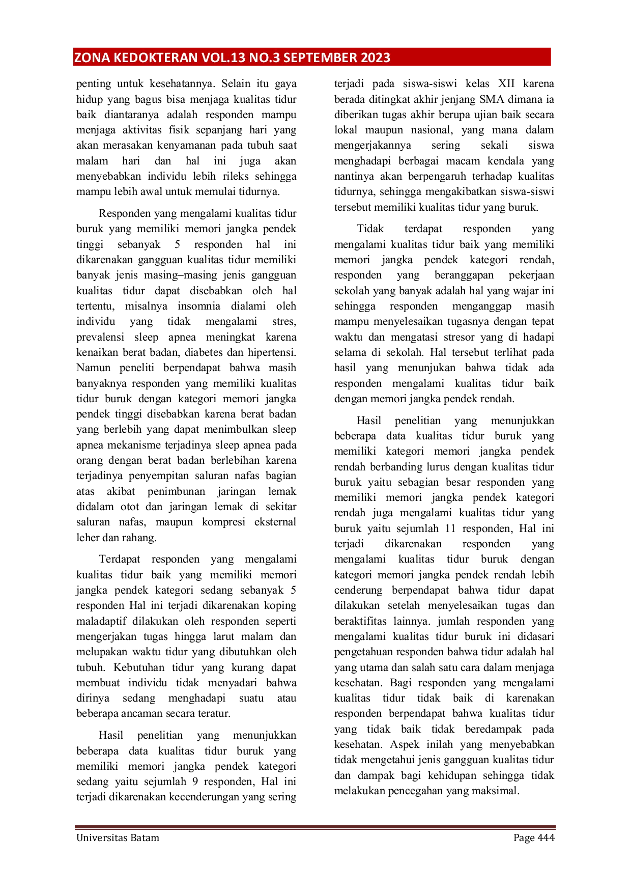 JURIS HUBUNGAN KUALITAS TIDUR DENGAN MEMORI JANGKA PENDEK SHORT TERM MEMORY PADA PELAJAR KELAS XII SMA KRISTEN BASIC BATAM